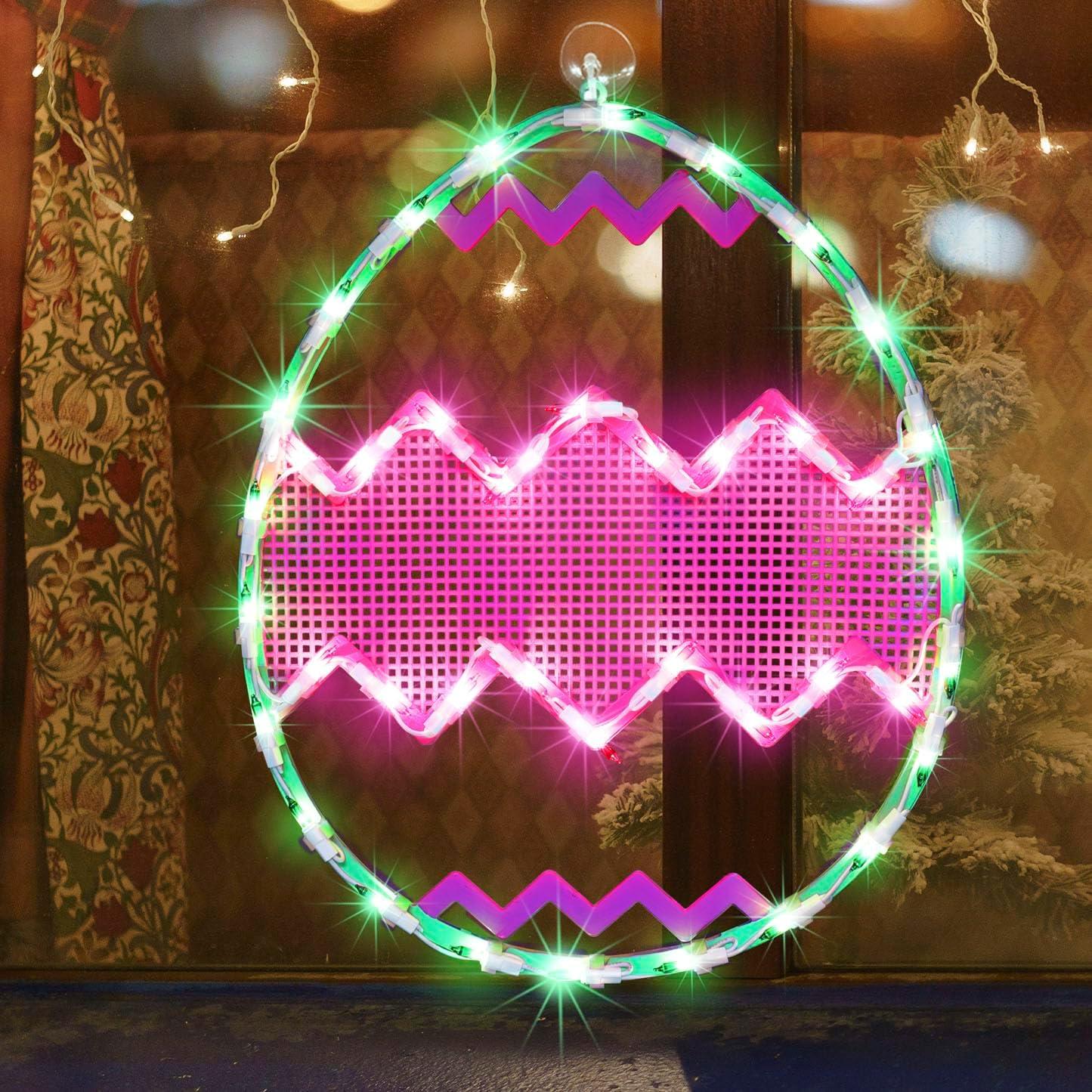 Northlight Lighted Chevron Stripe Easter Egg Window Decoration - 17" - Green and Pink