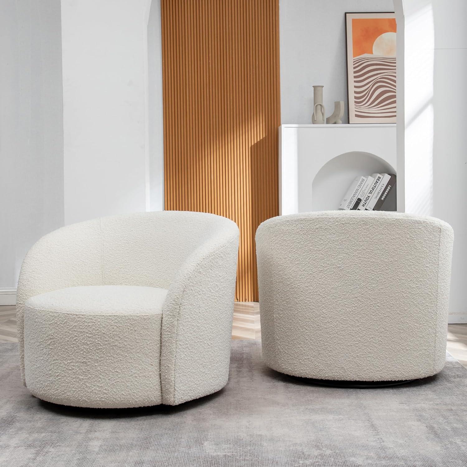 Cream Boucle Upholstered Swivel Barrel Chairs, Set of 2