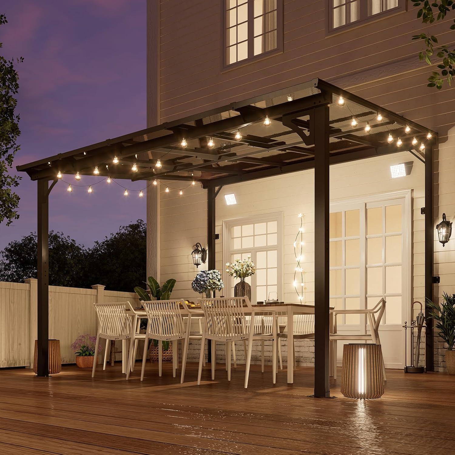 MEISSALIVVE 10' X 12' Gazebo, Wall Mounted Gazebo, Lean To Metal Awnings Gazebos, Gazebo Pergola With Sloped Roof, Outdoor Patio Gazebo Awning For Backyard, Deck