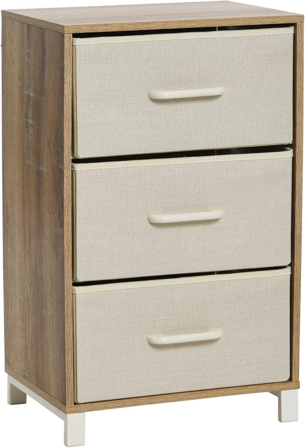 Household Essentials 3 Drawer Dresser, Narrow Storage Chest, Multi-Color Drawers, Wire Backing and Metal Feet, Wood Handles, Coastal Oak Laminate