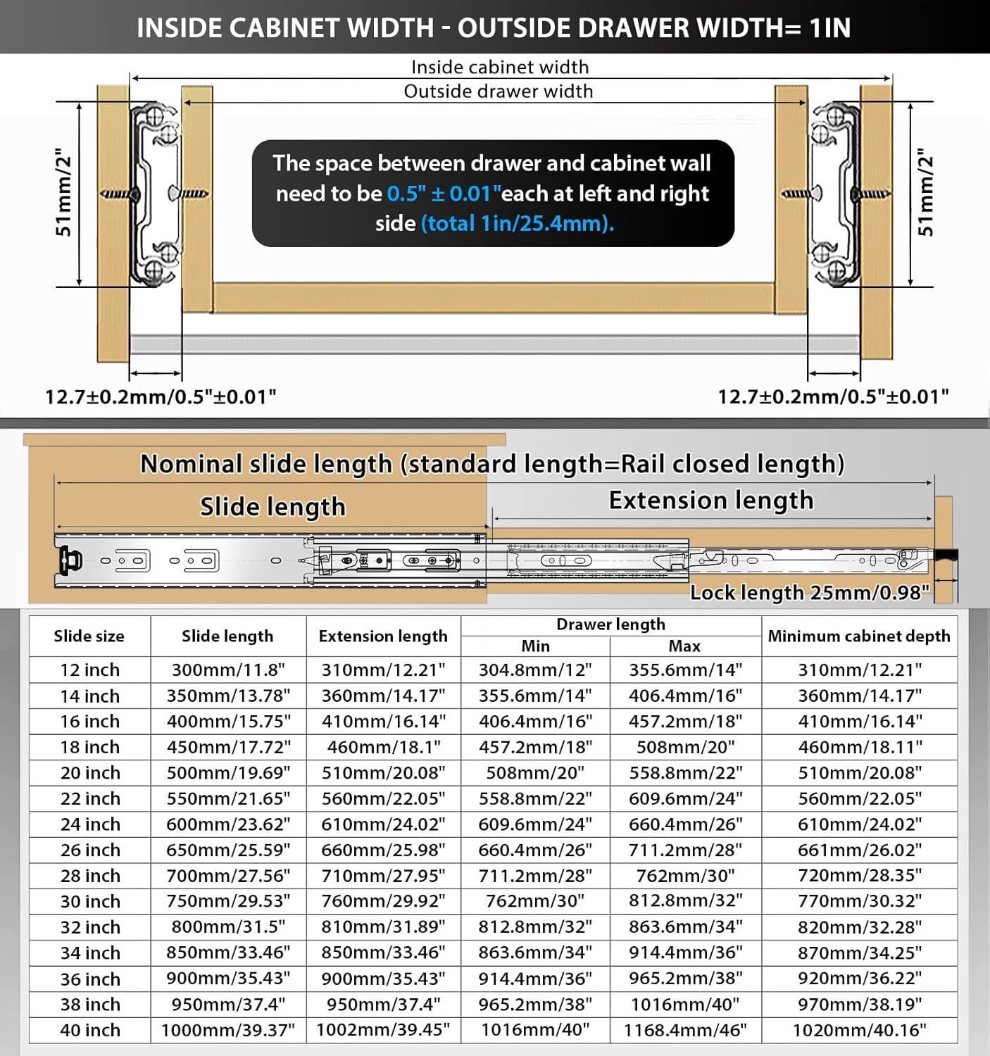 Heavy Duty Locking Drawer Slides Full Extension Runners with Lock 12 14 16 18 20 22 24 26 28 30 32 34 36 38 40 Inch Side Mount Ball Bearing Rails Track Glides 220 Lbs (with Lock, 14 inch) 14 Inch