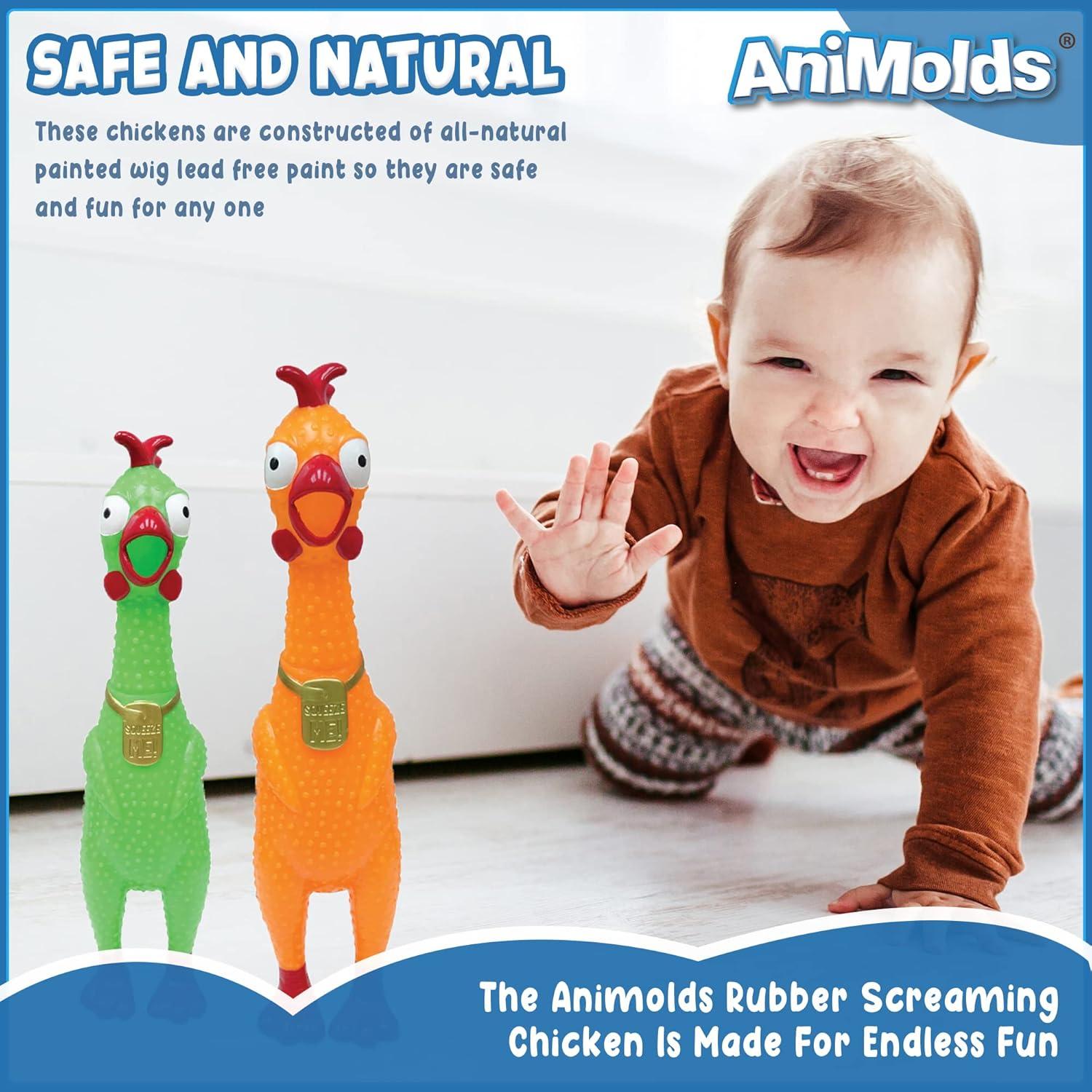 Animolds Squeeze Me Rubber Chicken Toy | Screaming Rubber Chickens For Kids | Novelty Squeaky Toy Chicken Regular Color 2-Pack (Random Colors)