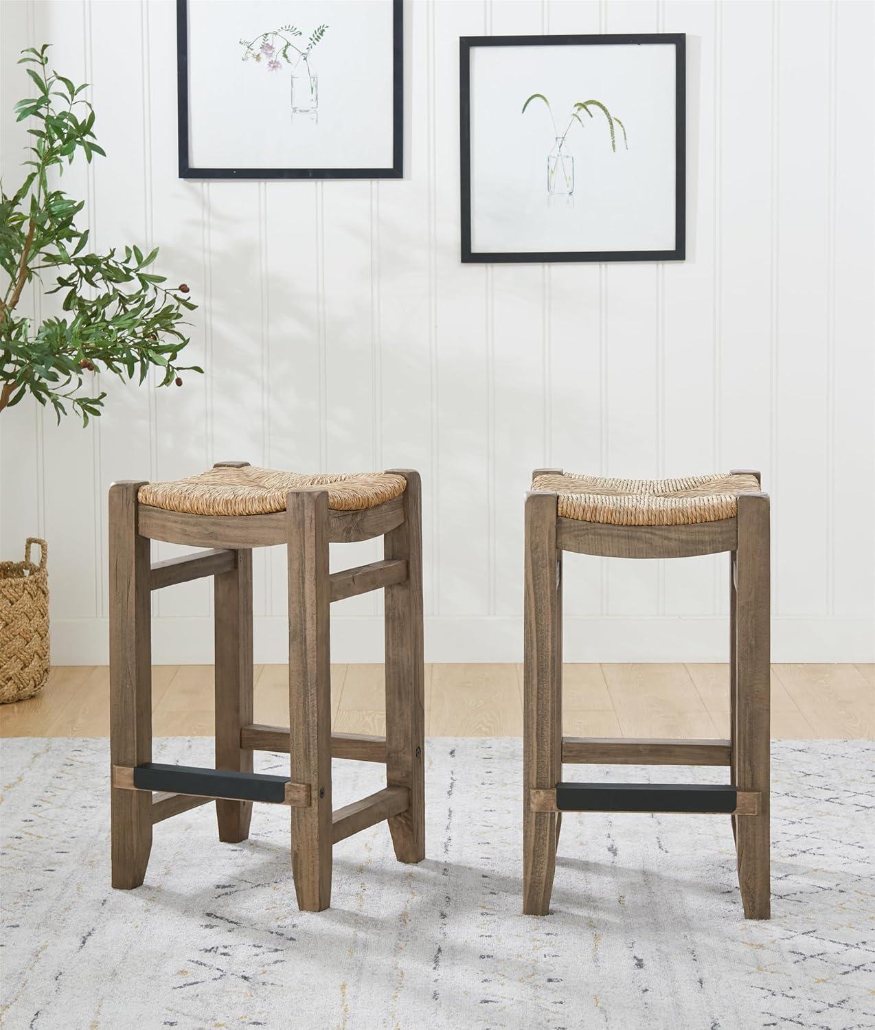 Alaterre Bolton Furniture Newport Set of Two 26"H Wood Counter Height Stools with Rush Seats, Brown