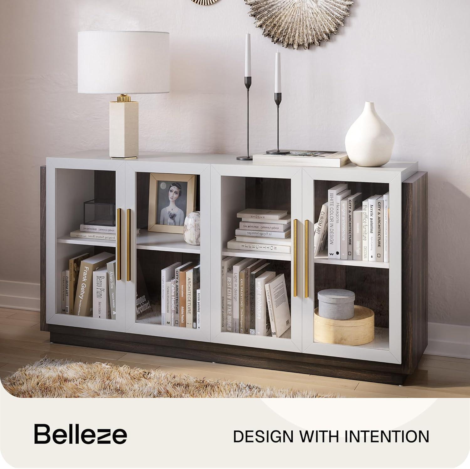 BELLEZE Sideboard Buffet Cabinet, Modern Wood Glass-Buffet-Sideboard with Storage, Console Table for Kitchen, Dinning Room, Living Room, Hallway, or Entrance - Brixston (White)