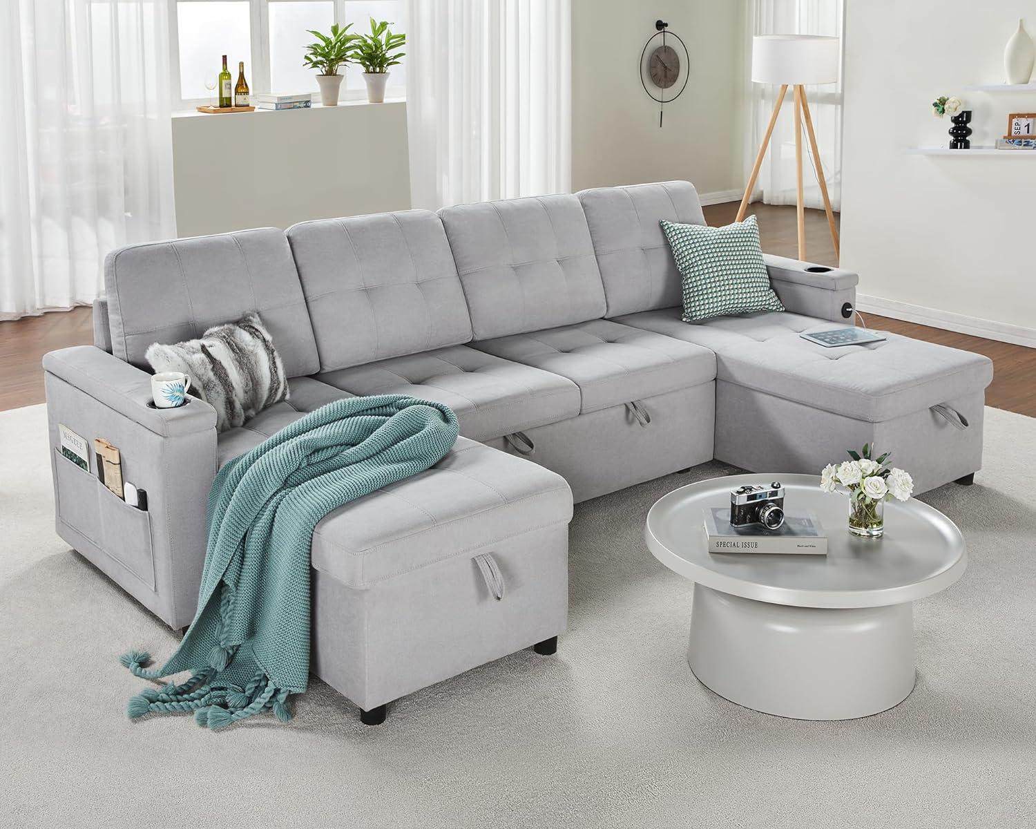 Light Grey Tufted Sleeper Sofa with Storage and Cup Holder