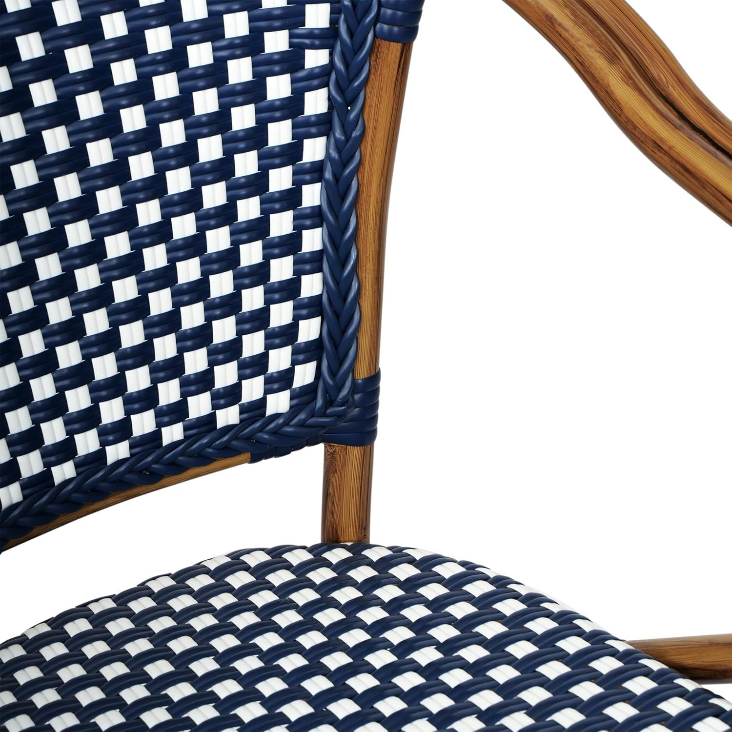Flash Furniture 4 PK Bordeaux Indoor/Outdoor Commercial Bistro Stacking Chair w/ Arms, Navy & White PE Rattan & Bamboo Print Aluminum Frame in Natural