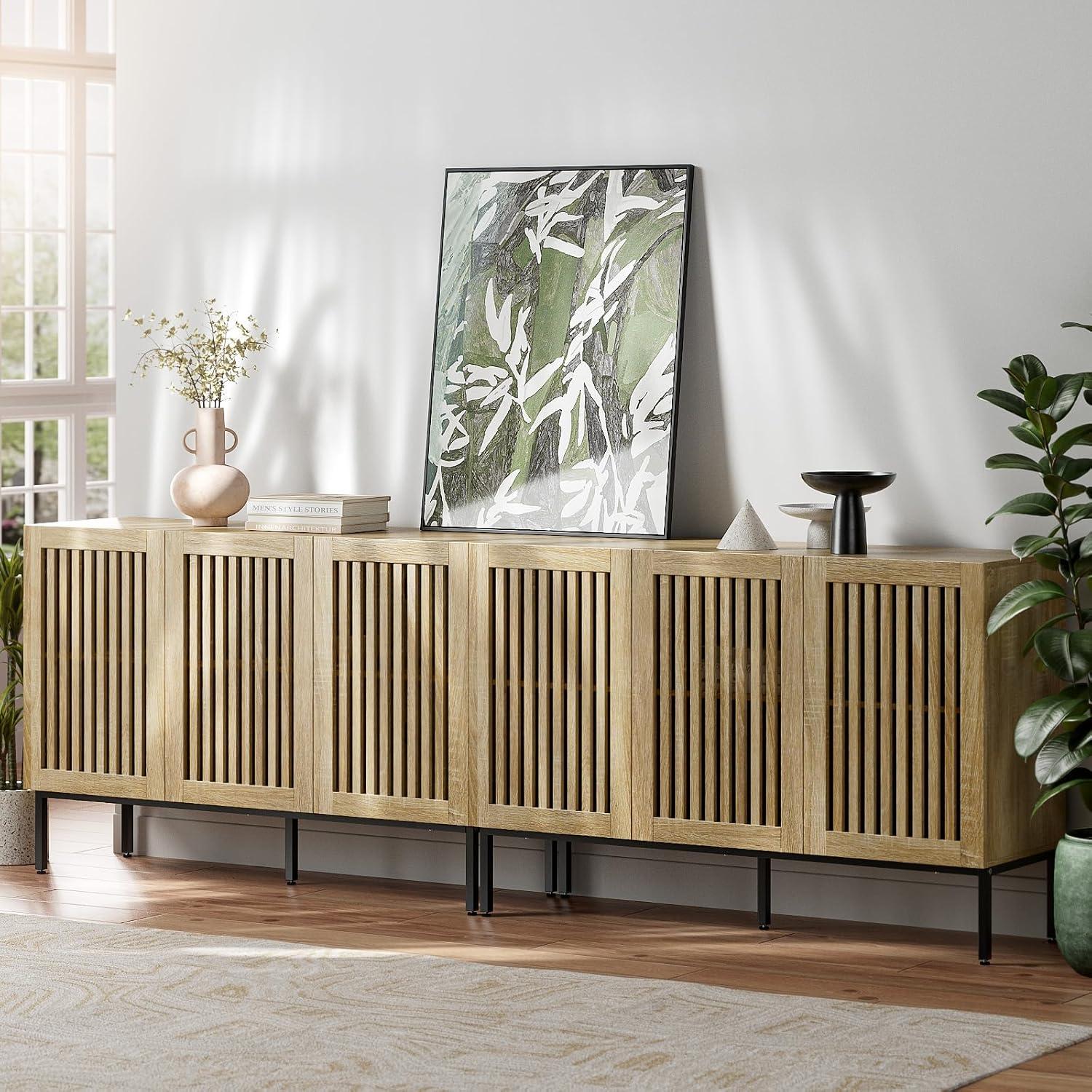 Oak 6-Door Buffet Cabinet with Metal Base and Adjustable Shelves