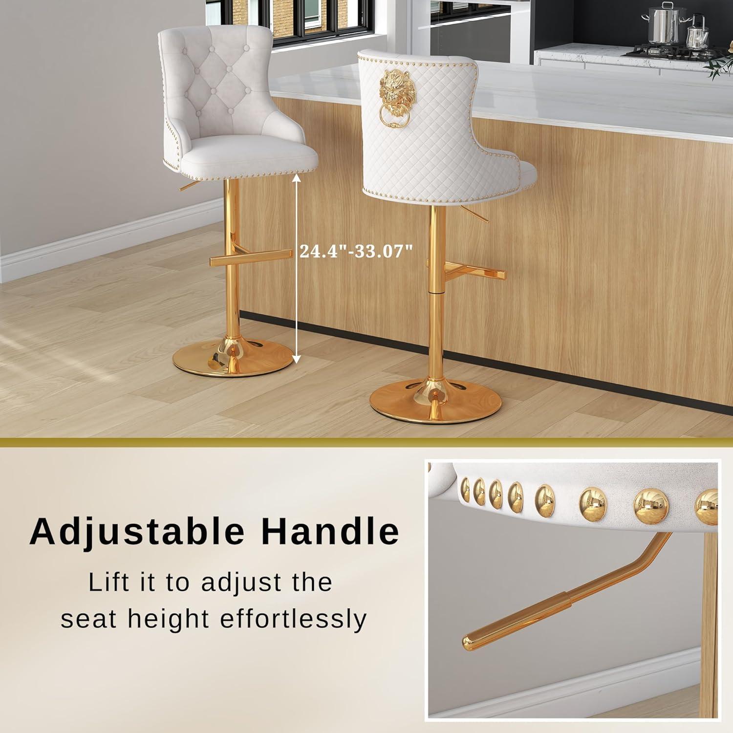 Bar Stools Set of 2, Swivel Barstools with Nailheads Trim, Velvet Button Tufted Back and Golden Footrest, Adjustable Counter Height Bar Stools for Kitchen Counter,Home Bar,Pub, Beige