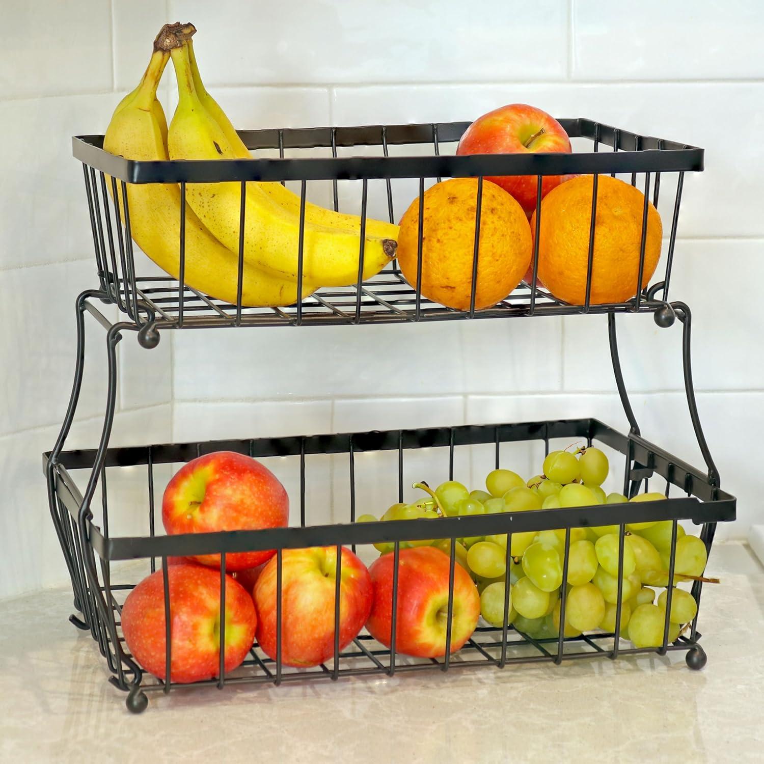 Sunnydaze Black Metal Wire Collapsible 2-Tier Fruit Basket for Kitchen Counter