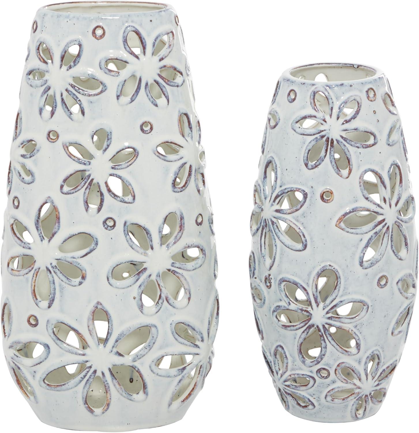 DecMode 14", 11"H Floral Handmade Daisy Cut Out White Ceramic Vase, Set of 2