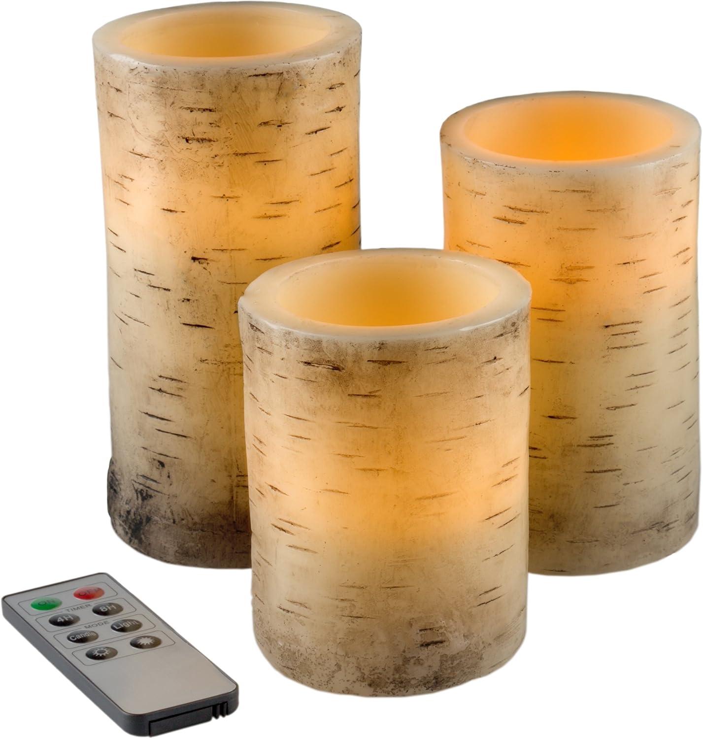Flickering Flameless LED Candles with Birch Bark- Set of 3 Battery Operated Real Wax Pillar Candles with Remote Control and Timer by Lavish Home