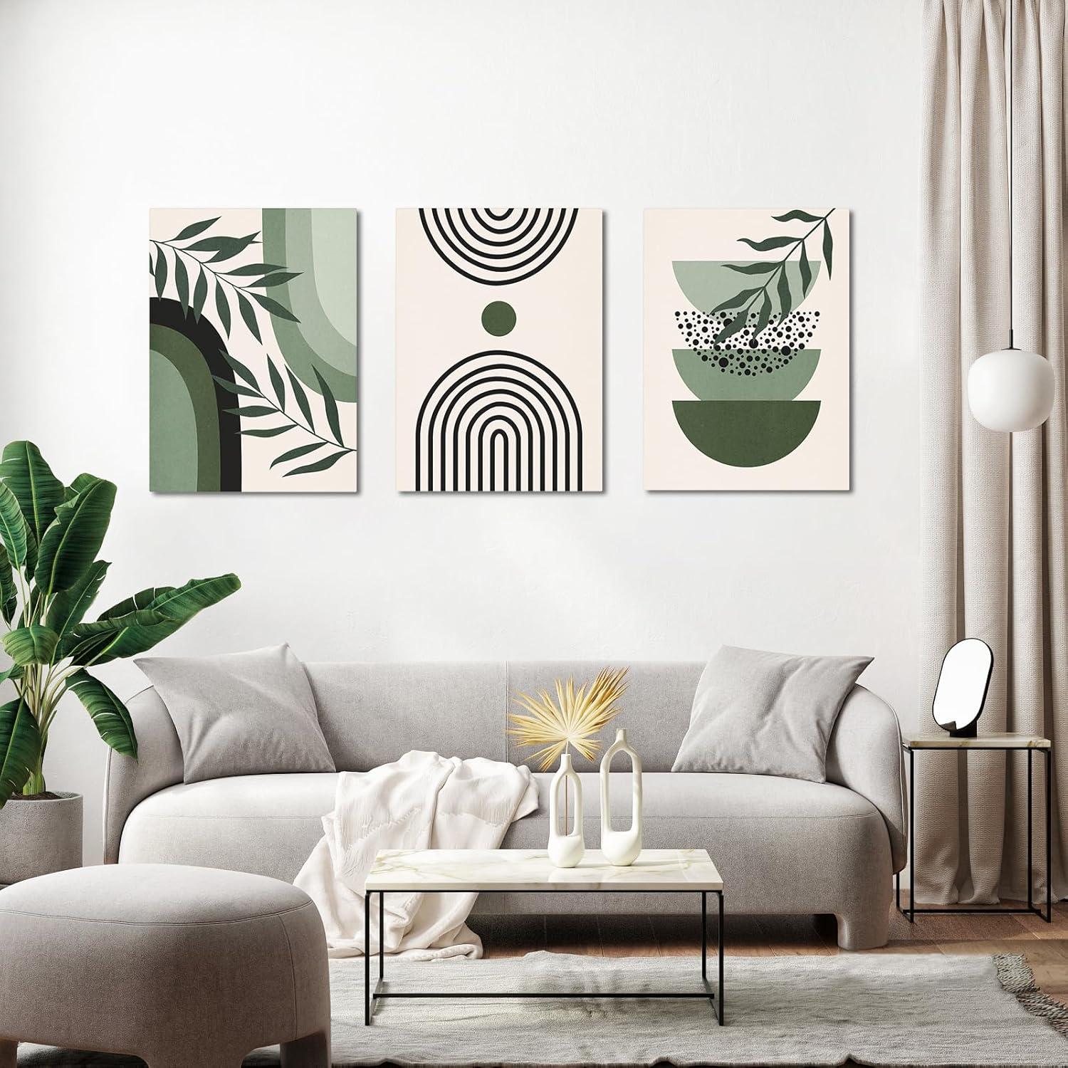 Boho Wall Art, Mid Century Modern Wall Art, Set of 3 Framed Canvas Wall Art Prints 12"x16" Abstract Geometric Neutral Sage Green Boho Artwork Wall Decor for Bedroom Living Room Bathroom
