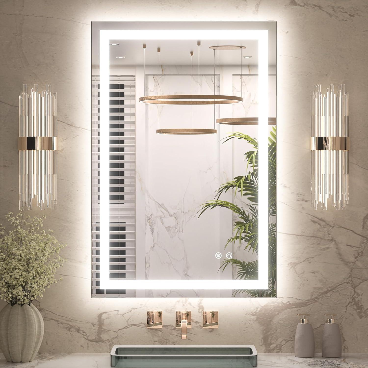 Keonjinn LED Bathroom Vanity Mirror, Front Light & Backlit, 3 Color Temperatures, Anti Fog, Double Lights Strips, 24"x32"