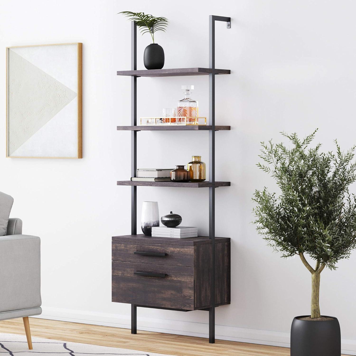 Nutmeg & Black Wood Ladder Bookshelf with Easy-Glide Drawers