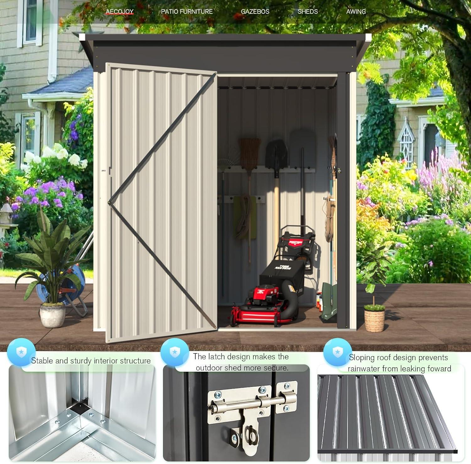 AECOJOY 5' x 3' Outdoor Storage Shed, Small Metal Shed with Lockable Door, Utility and Tool Storage for Garden, Backyard, Patio, Outside use in White