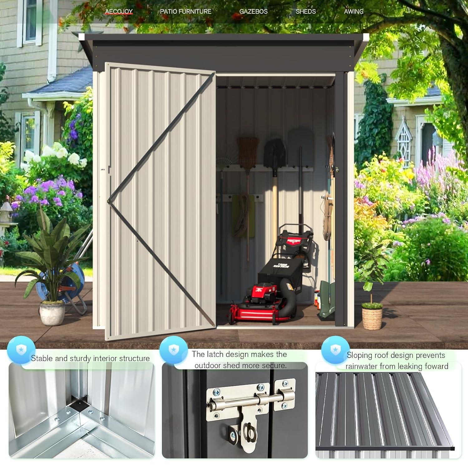 AECOJOY 5' x 3' Outdoor Storage Shed, Small Metal Shed with Lockable Door, Utility and Tool Storage for Garden, Backyard, Patio, Outside use in White