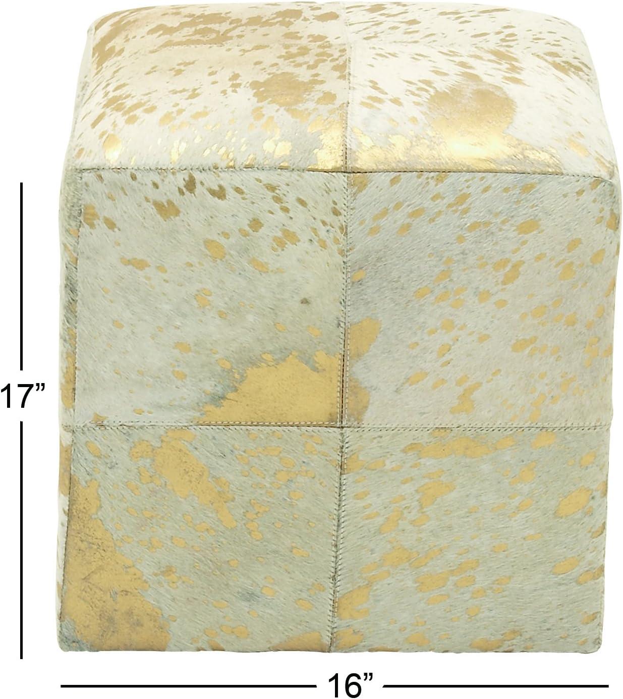 DecMode 16" x 17" Gold Leather Handmade Stool with Gold Foil Paint, 1-Piece