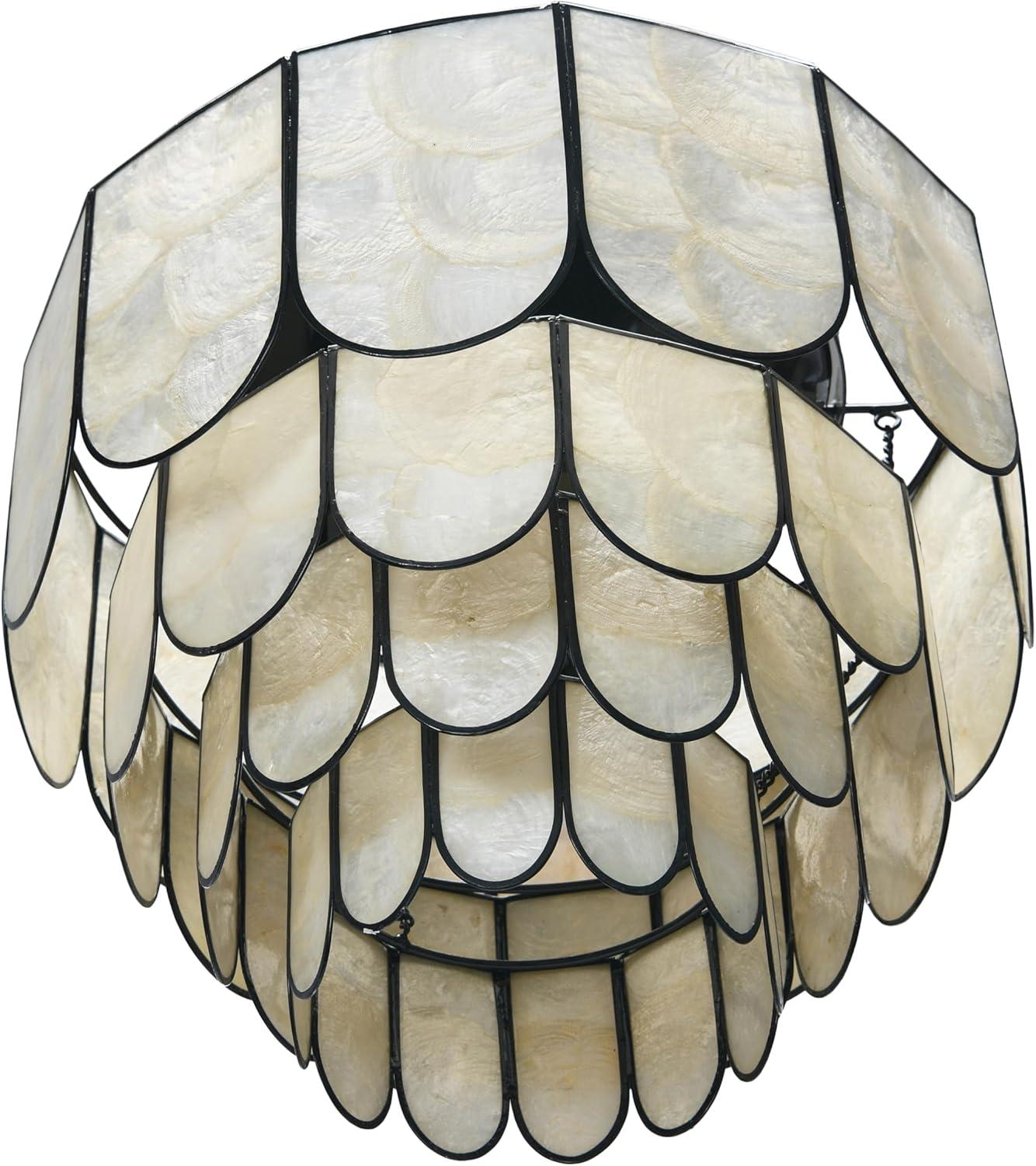 Storied Home 14" Round 4-Tier Capiz and Metal Flush Mount Ceiling Light Black: UL Listed, Iron Body, Off-White Shade