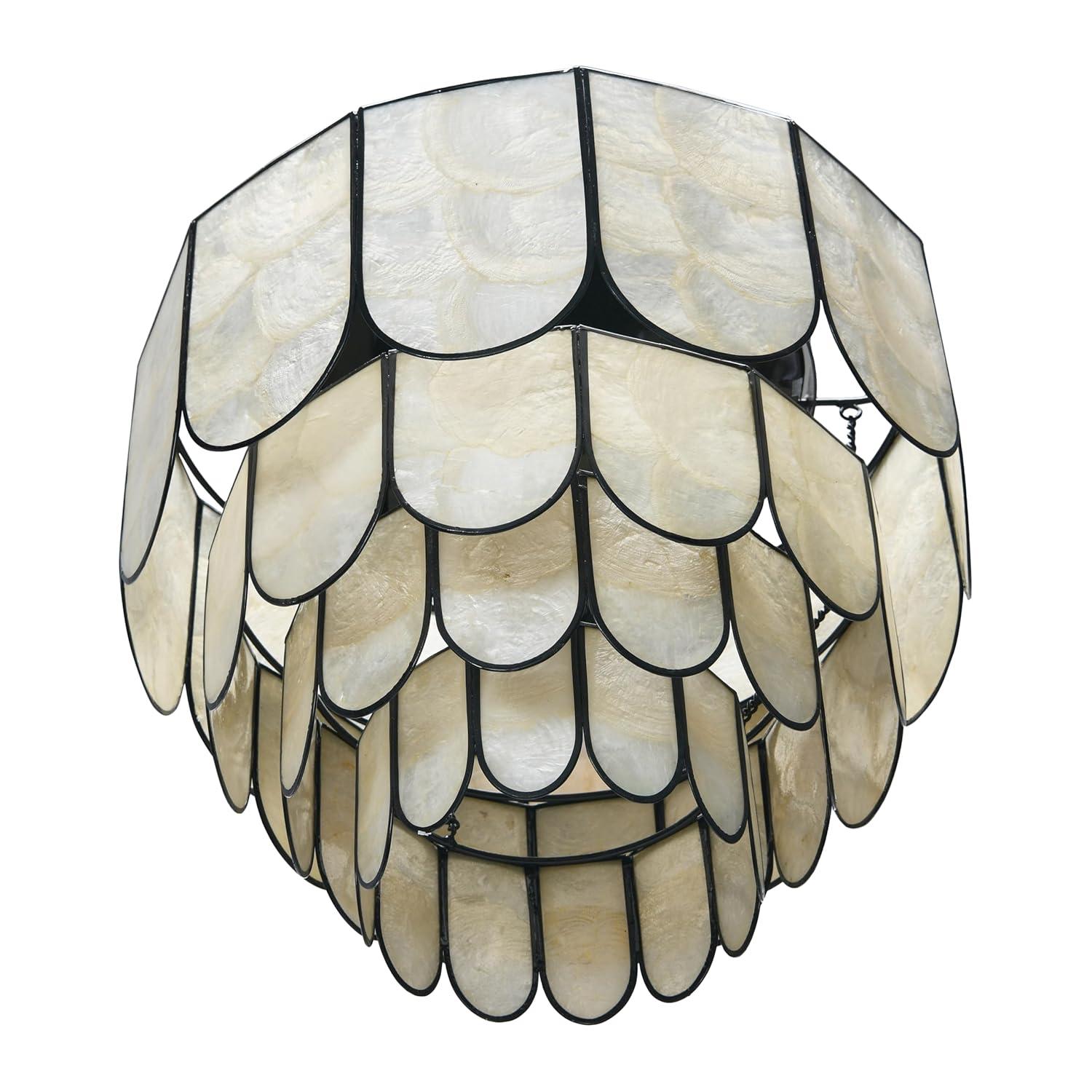 Storied Home 14" Round 4-Tier Capiz and Metal Flush Mount Ceiling Light Black: UL Listed, Iron Body, Off-White Shade
