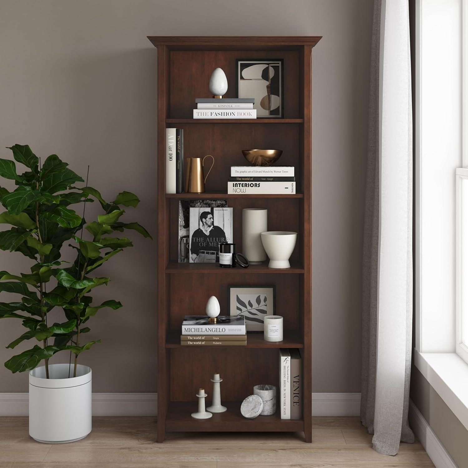Amherst Adjustable 5-Shelf Solid Wood Bookcase in Russet Brown