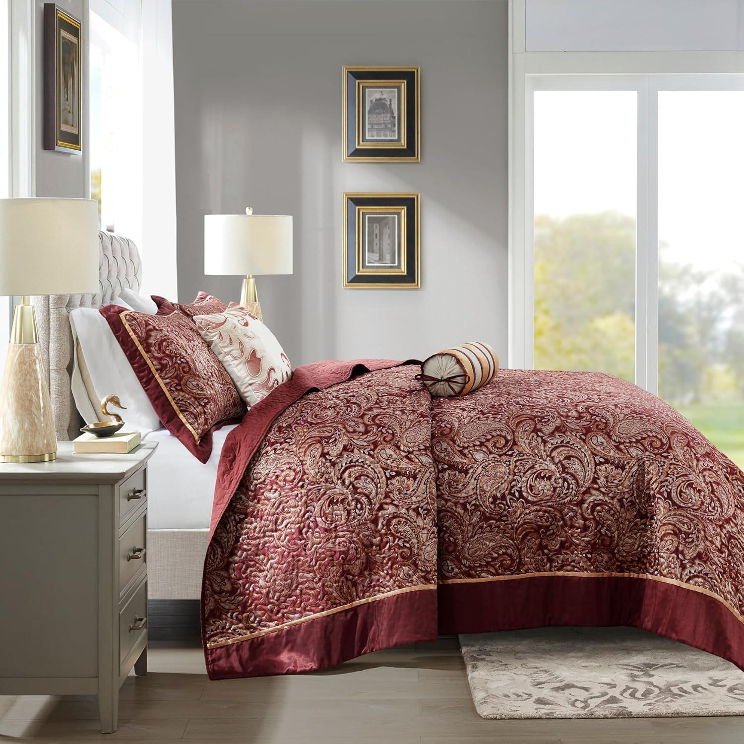 Madison Park 5pc King Whitman Reversible Jacquard Bedspread Set Burgundy: Embroidered, Traditional Style