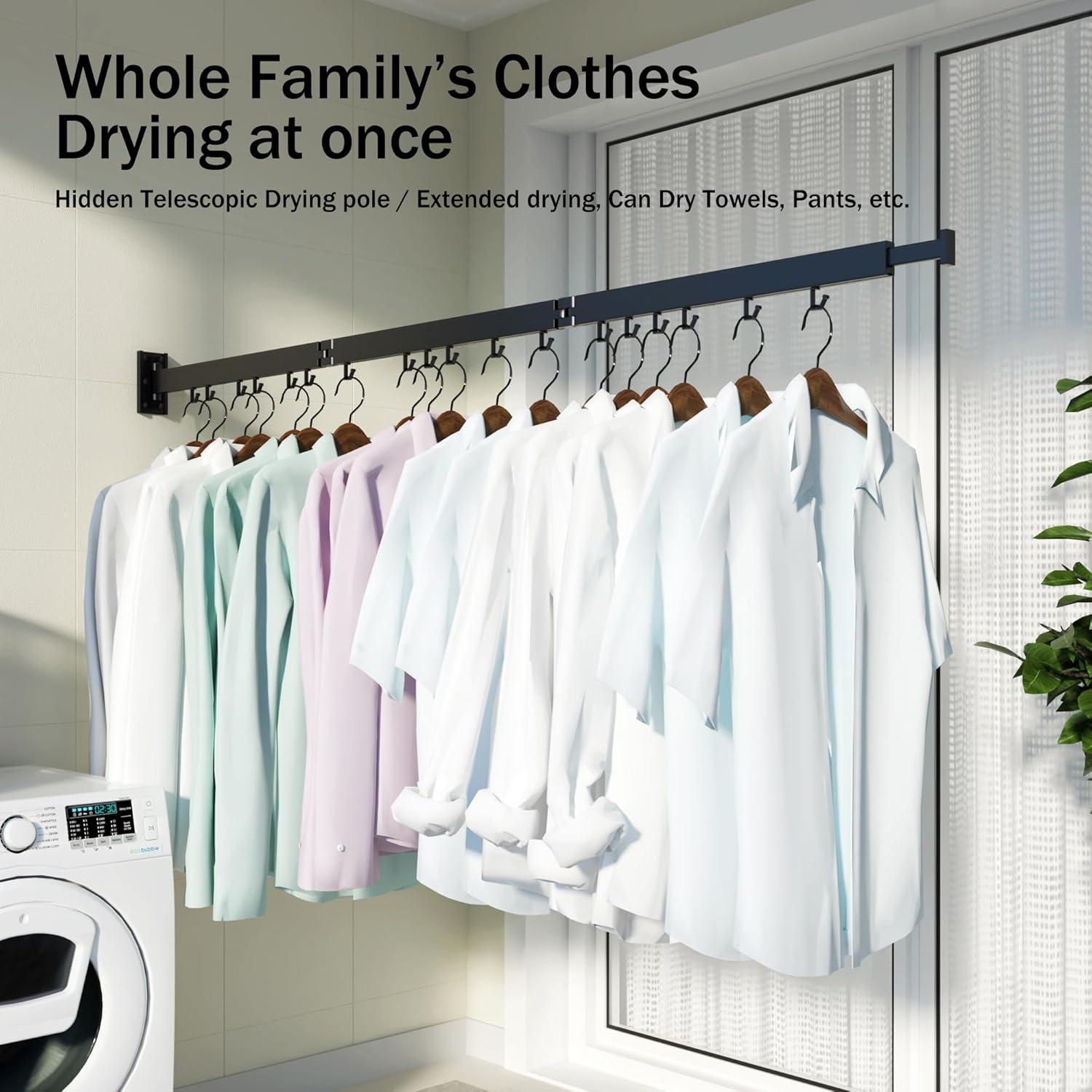 Retractable Wall Mounted Clothes Drying Rack: Folding Laundry Hanger with Collapsible Design and J Shape Hooks