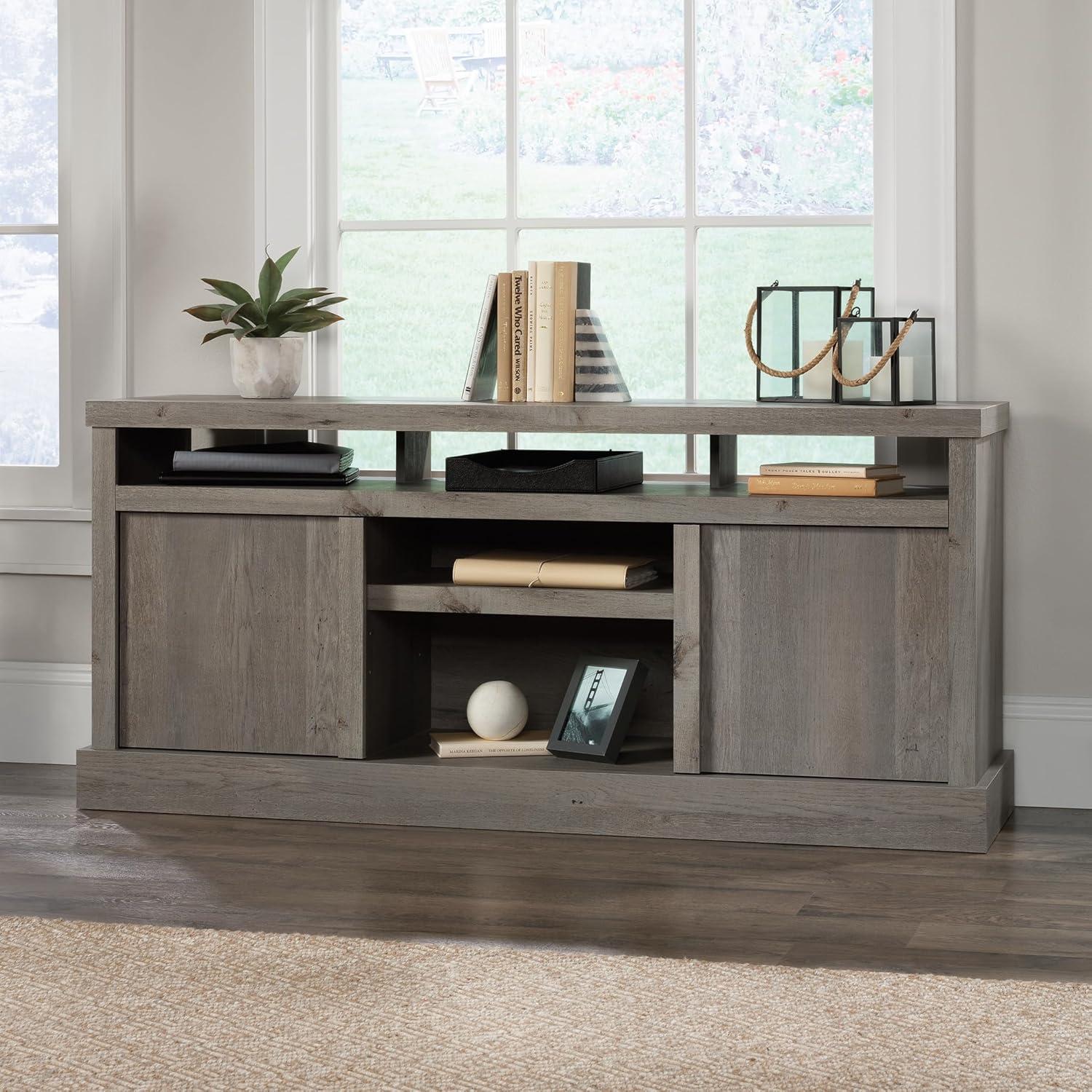 Cannery Bridge TV Stand for TVs up to 65" Mystic Oak - Sauder: Adjustable Shelves, Media Console with Cord Management