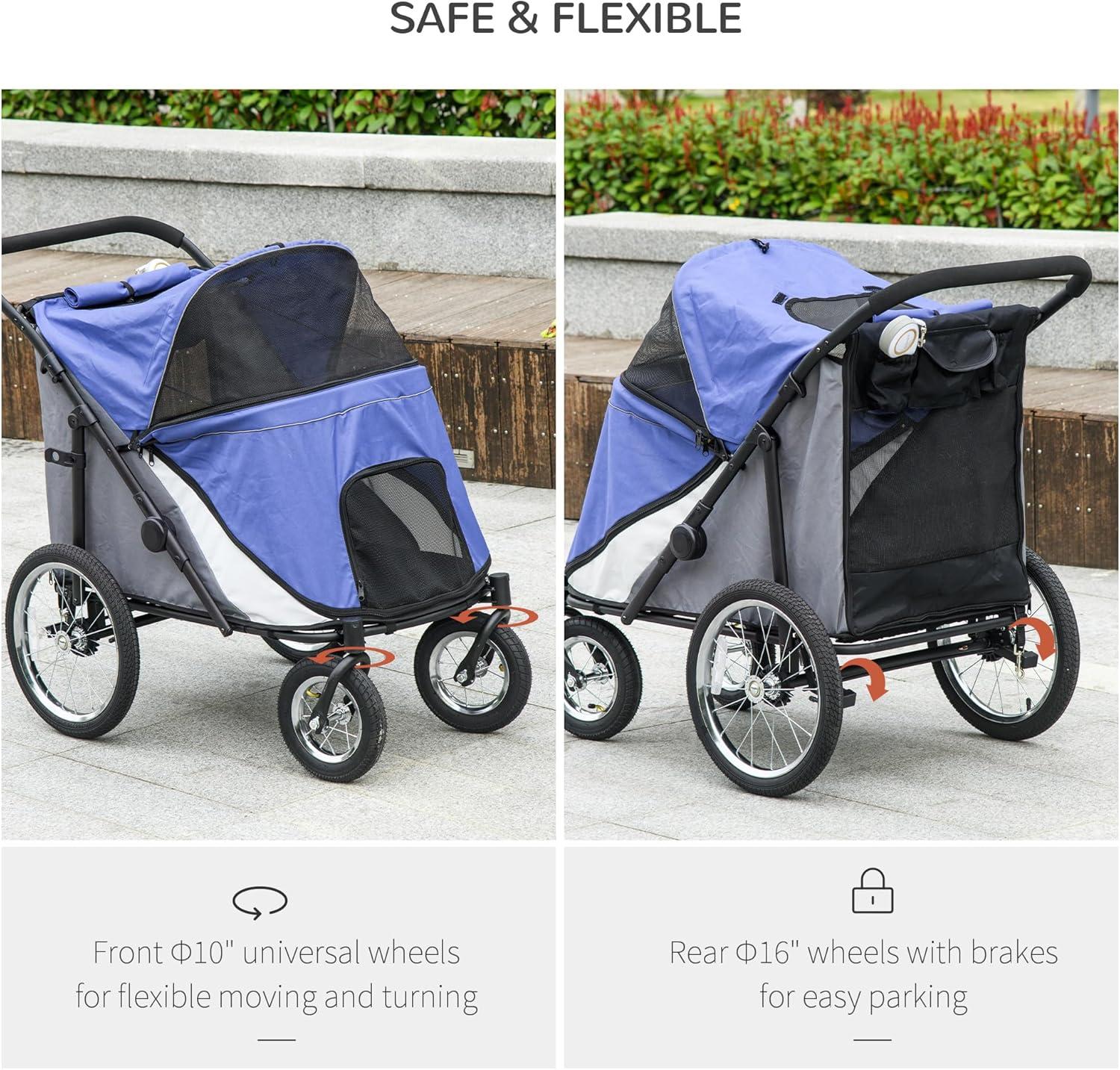 Blue Foldable Pet Stroller with Mesh Canopy and Cushion