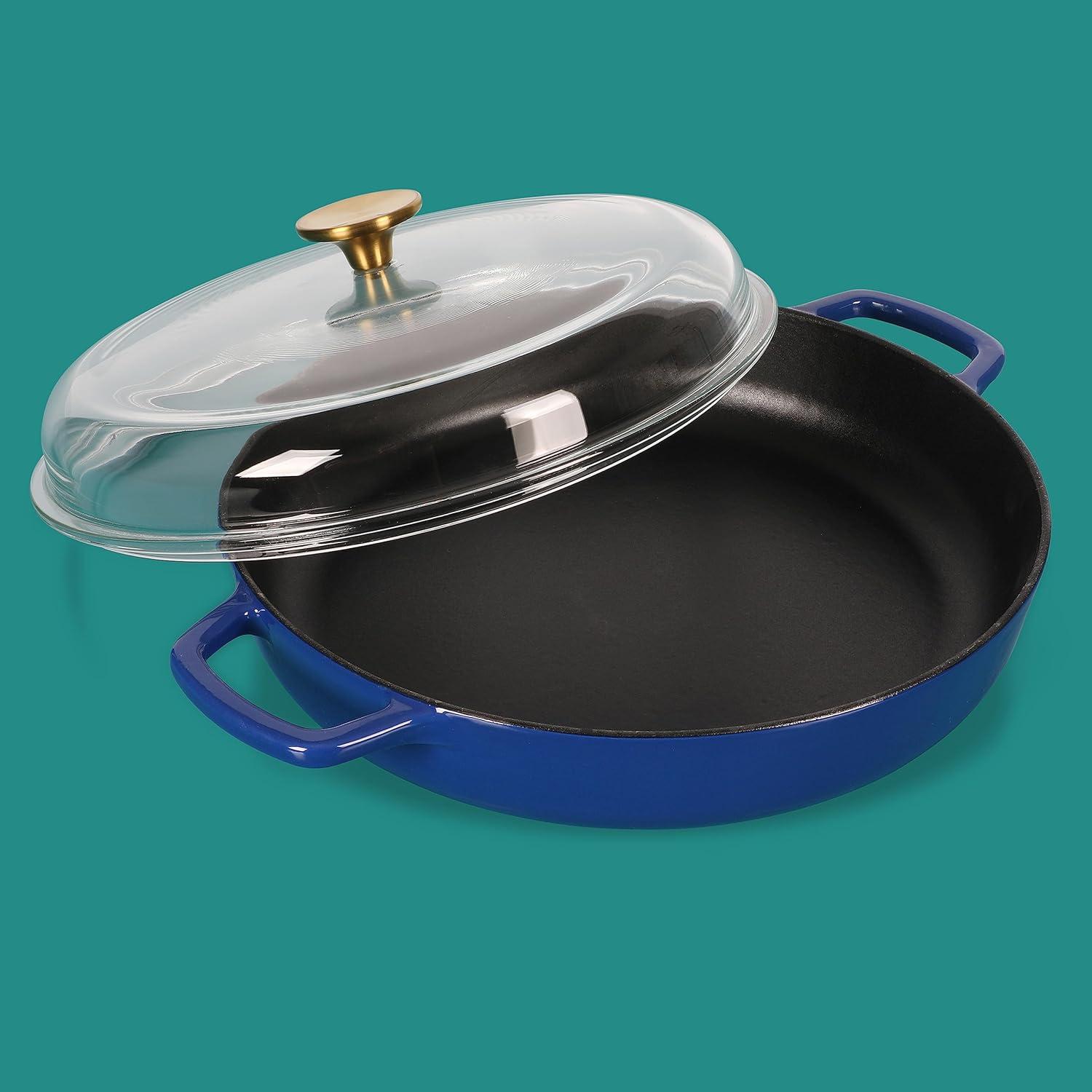 Blue Enameled Cast Iron Braiser Pan with Glass Lid