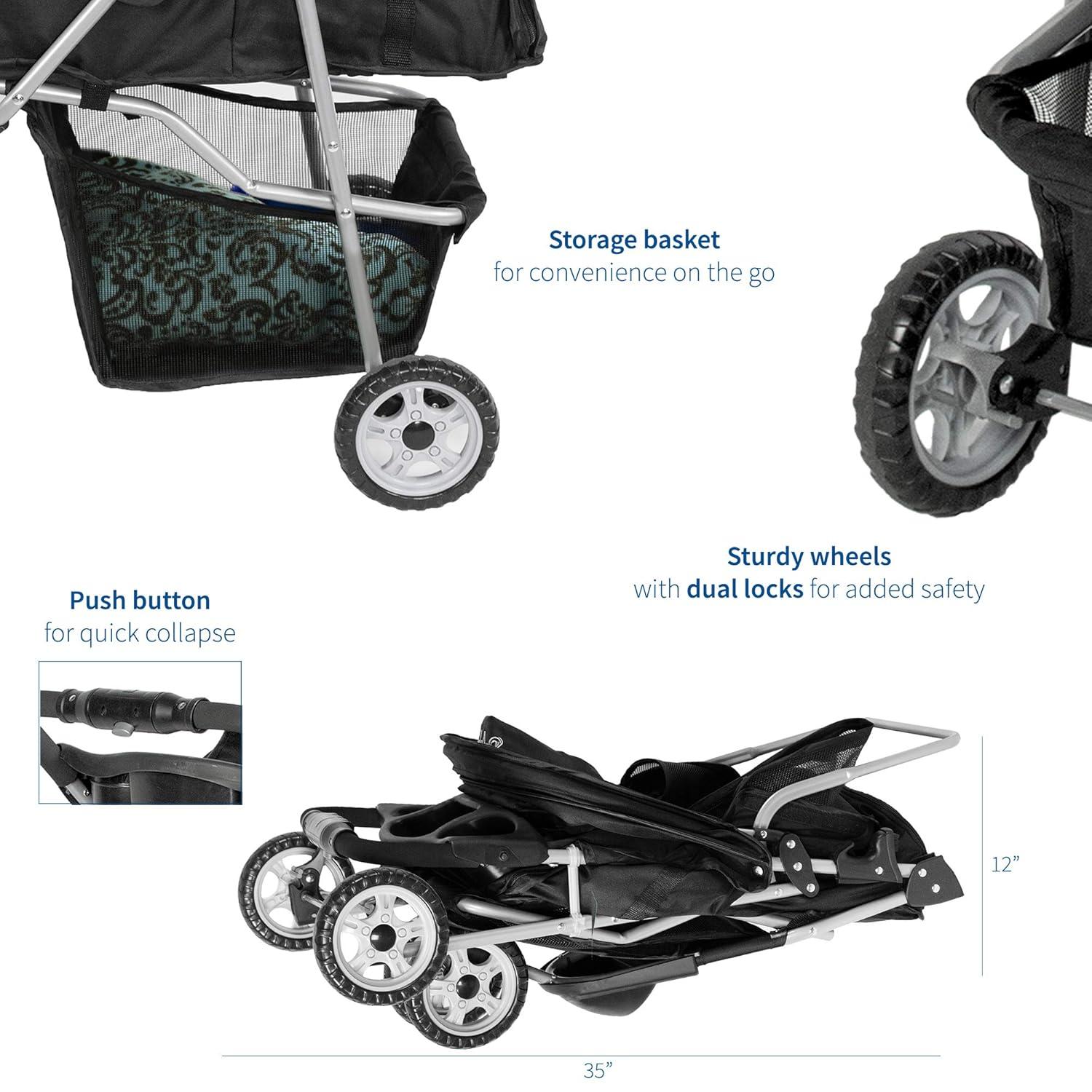 JepoIA Black 3 Wheel Pet Stroller for Cat, Dog and More, Foldable Strolling Cart, STROLR-V003K