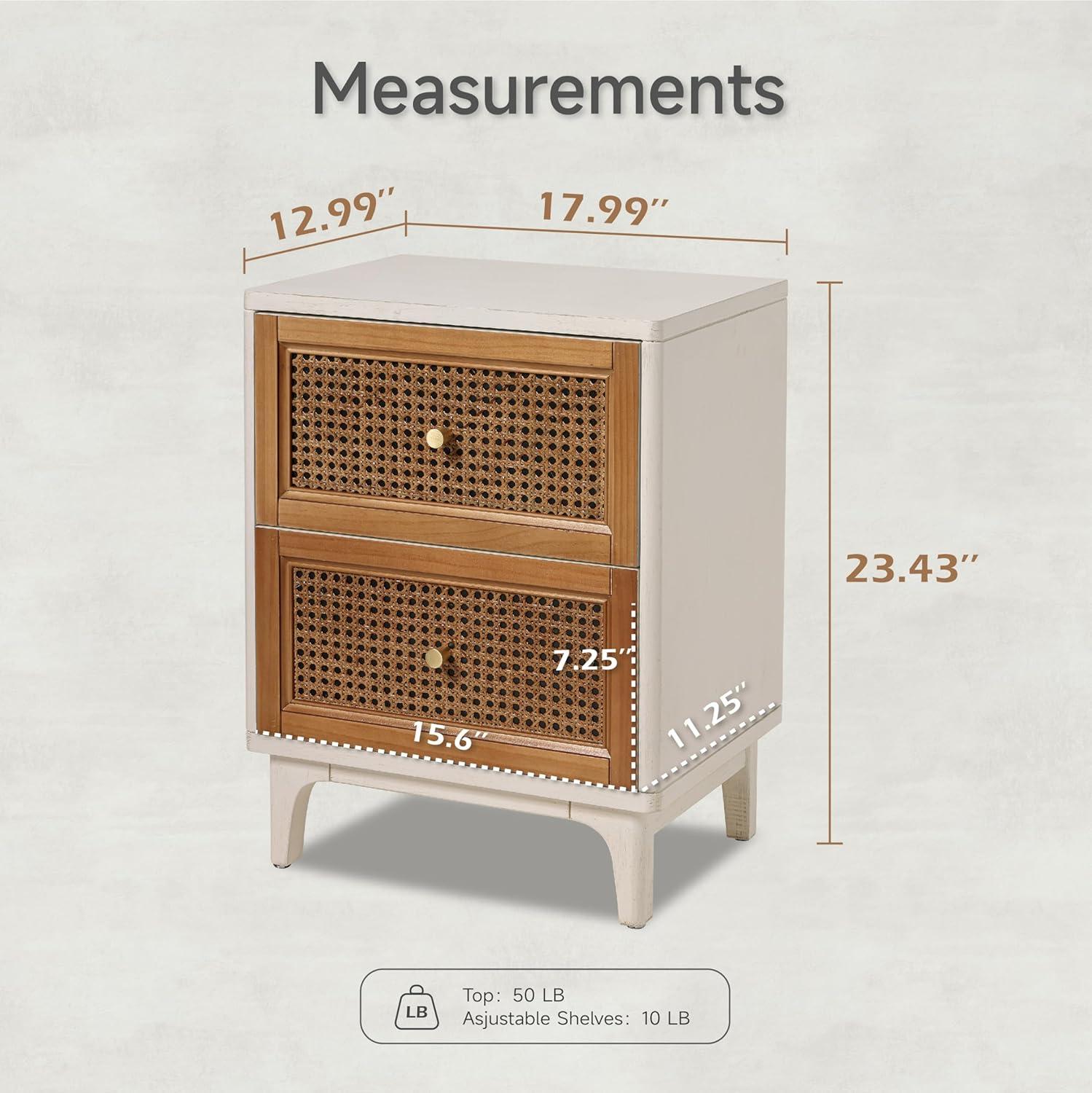 COZAYH 2-Drawer Woven Cane Front Accent Nightstand with Brass Knobs for Living Room, Hand-Scratched Aging Finish, Bedroom, White