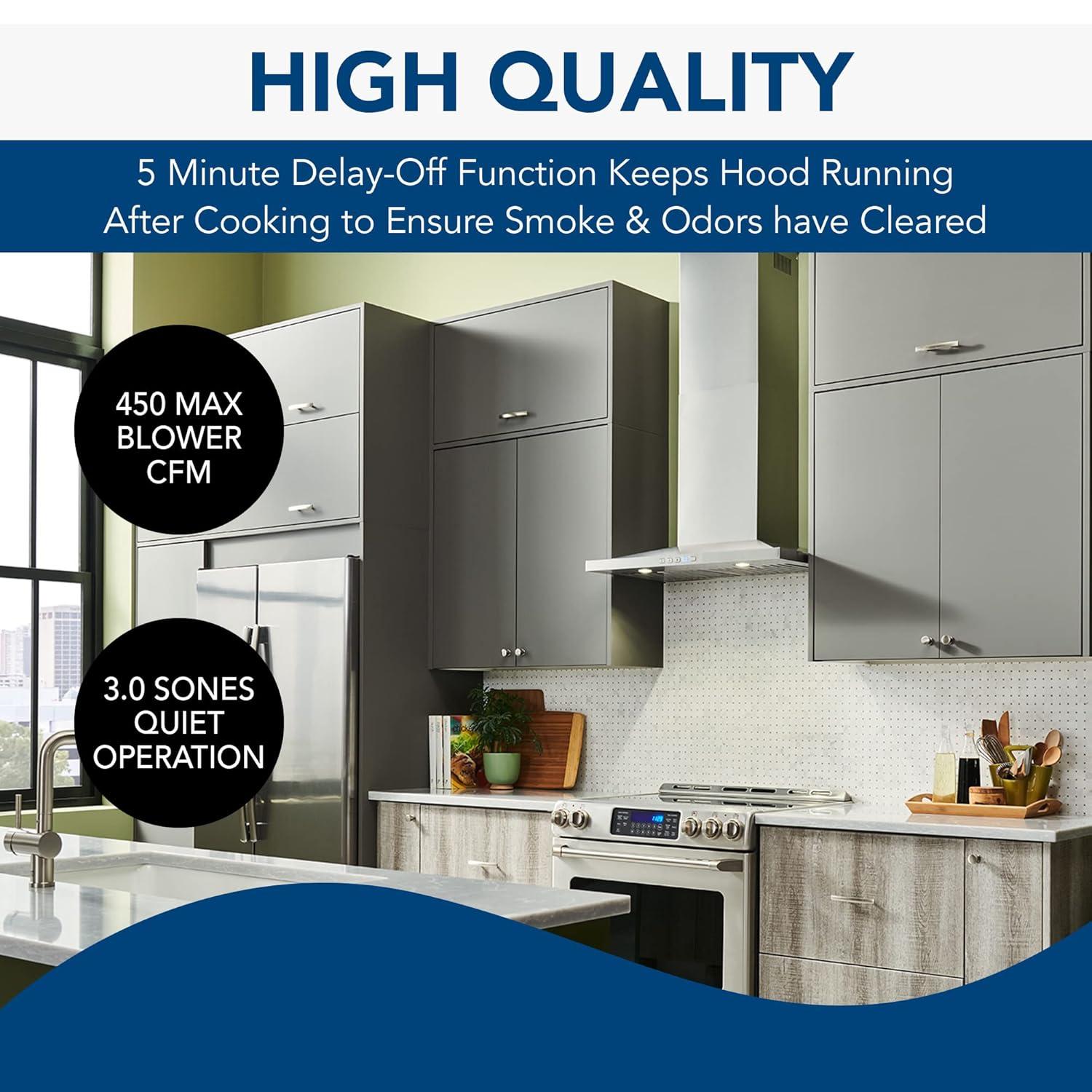 30 in. Convertible Wall Mount Low Profile Pyramidal Chimney Range Hood, 450 Max CFM, Stainless Steel