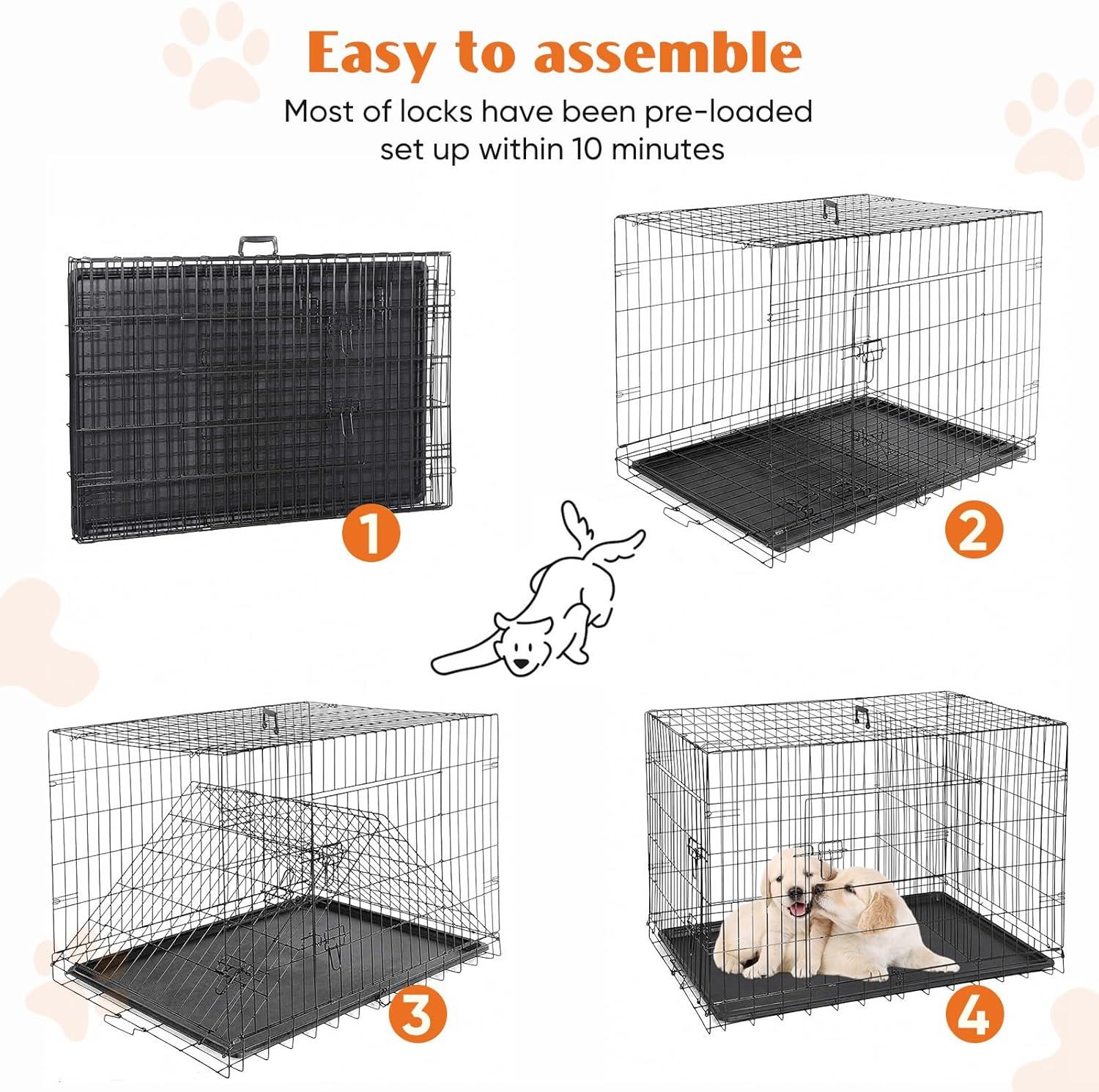 EDX Big Dog Crate with Divider Panel, 48 Inch Double Door Folding Metal Wire Dog Cage with Plastic Leak-Proof Pan Tray