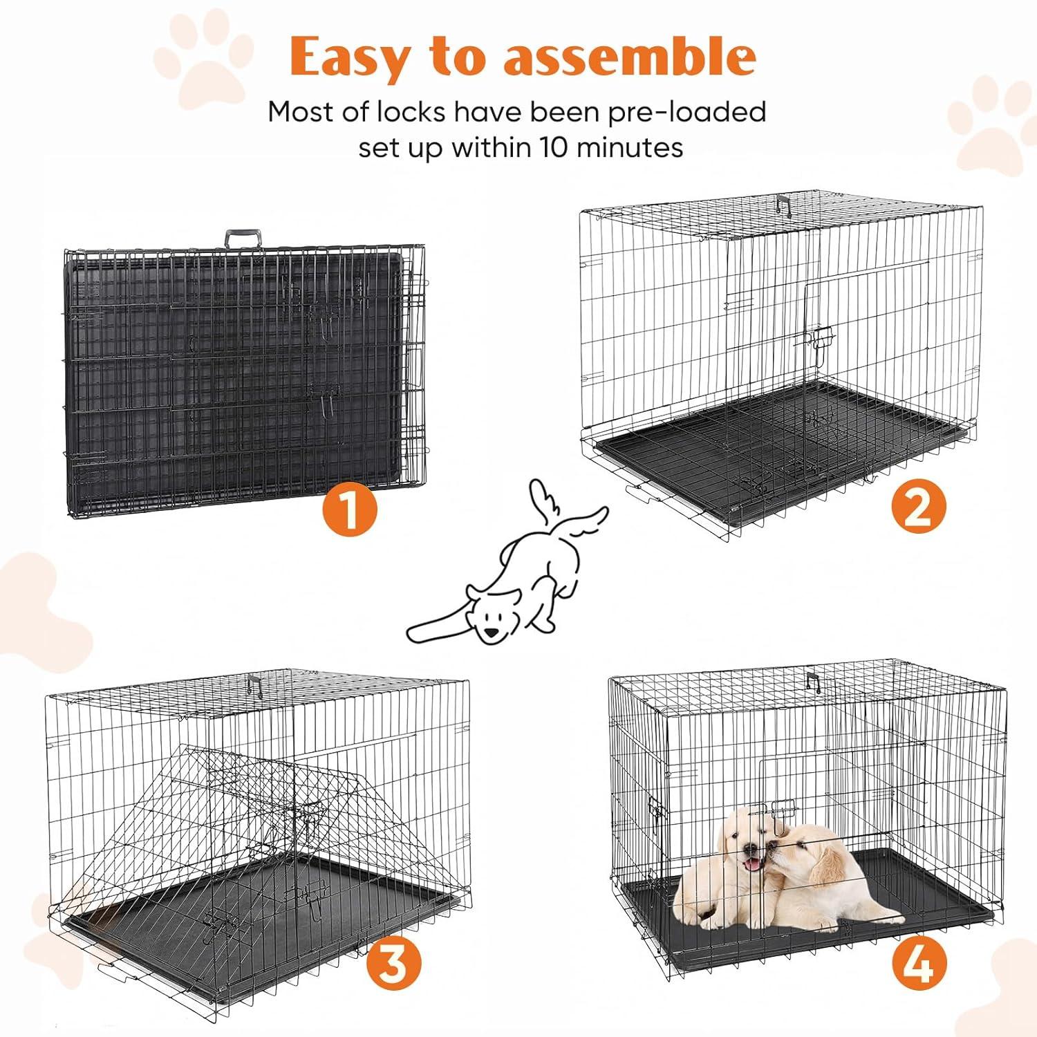 EDX Big Dog Crate with Divider Panel, 48 Inch Double Door Folding Metal Wire Dog Cage with Plastic Leak-Proof Pan Tray