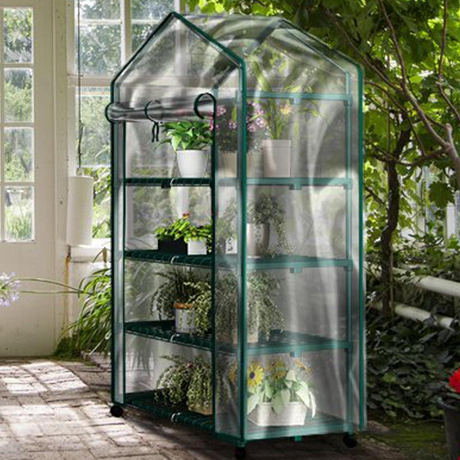 Pure Garden 4-Tier Greenhouse with Wheels – Indoor/Outdoor Plant Stand with PVC Cover & Shelves