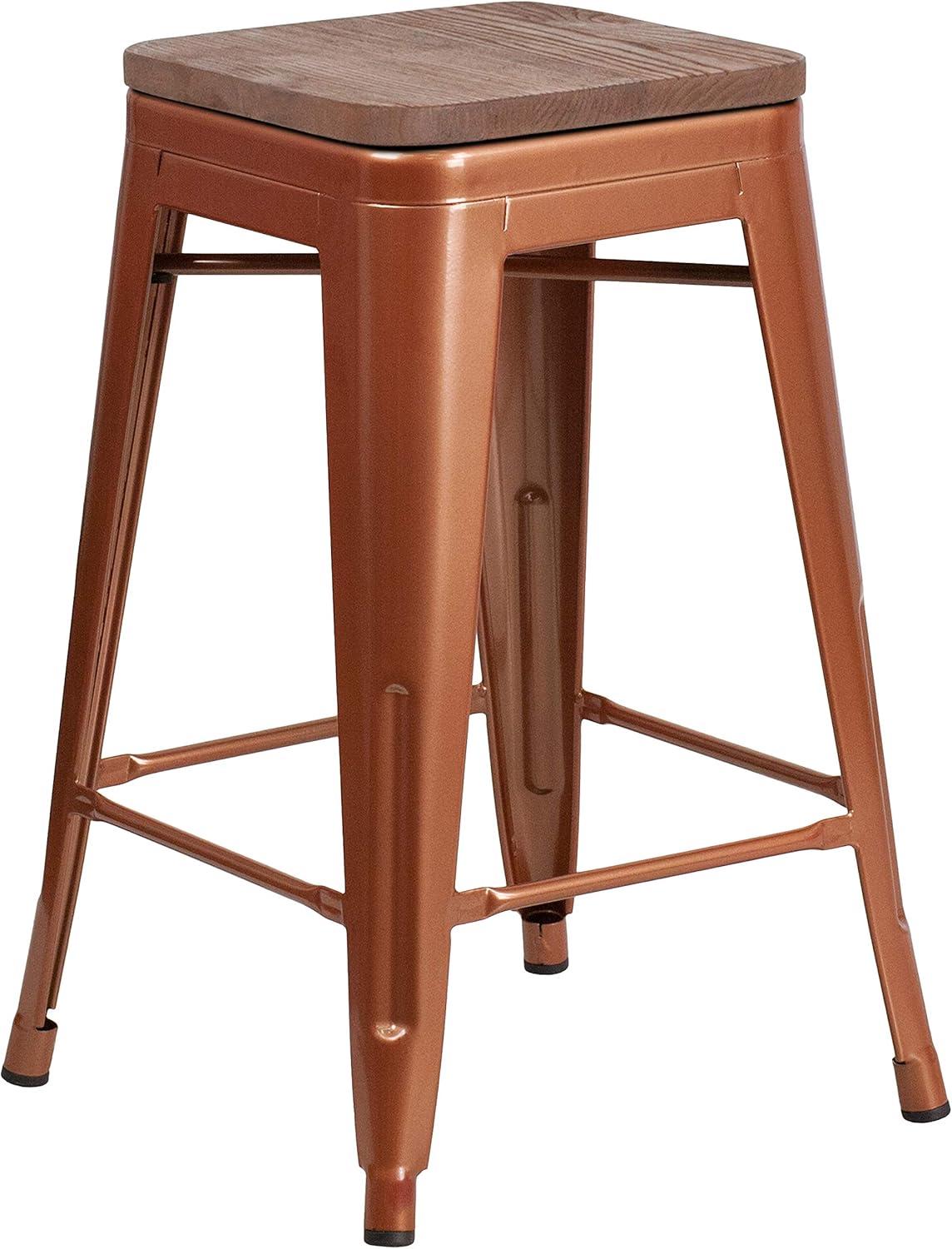 Flash Furniture 24" High Metal Counter-Height, Indoor Bar Stool with Wood Seat in Silver - Stackable Set of 4