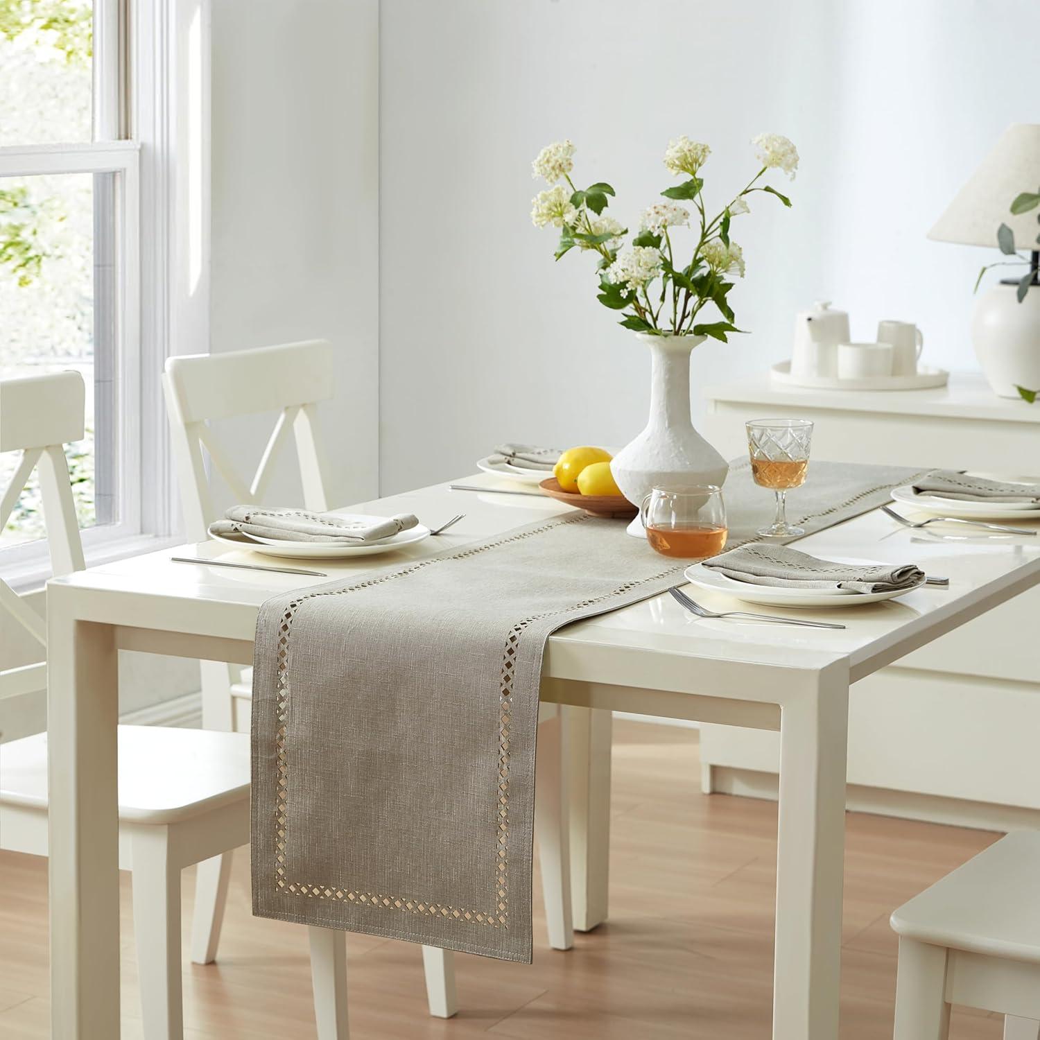 Newbridge Provence Lattice Cutwork Solid Color Textured Fabric Table Runner, 70 Inch Long, Taupe