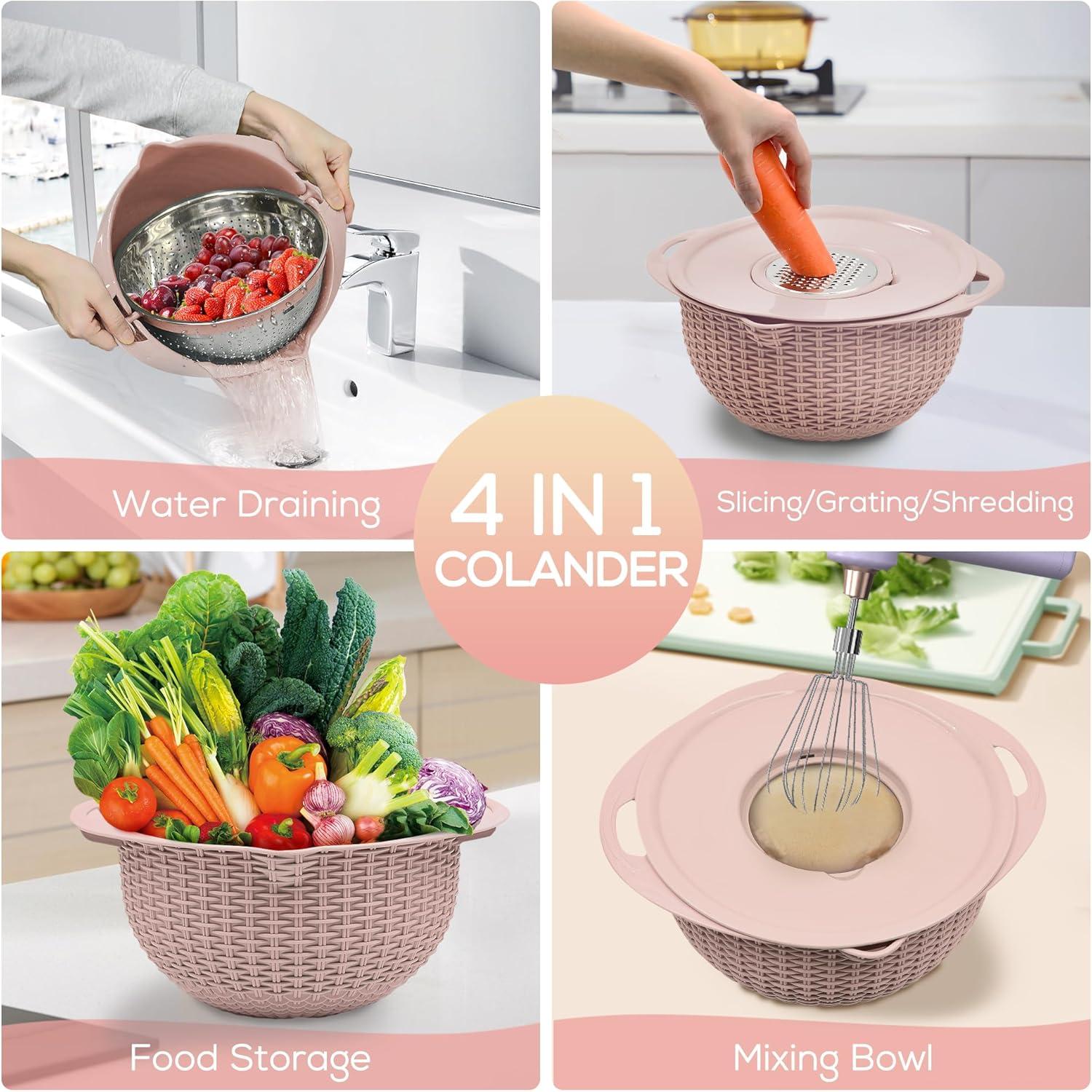 Pink 4-in-1 Stainless Steel Colander with Plastic Mixing Bowl Set