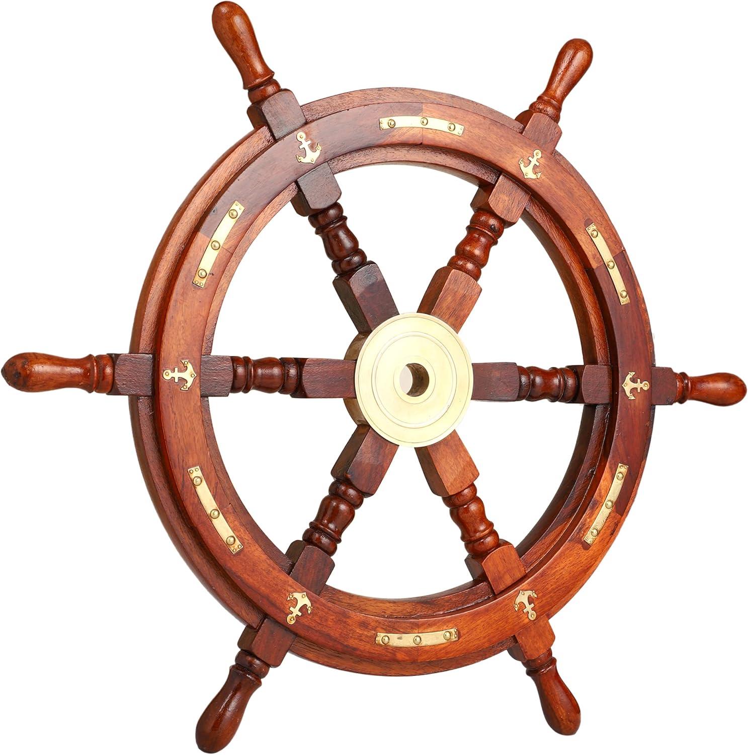 24" Dark Rosewood and Brass Nautical Ship Wheel Decor