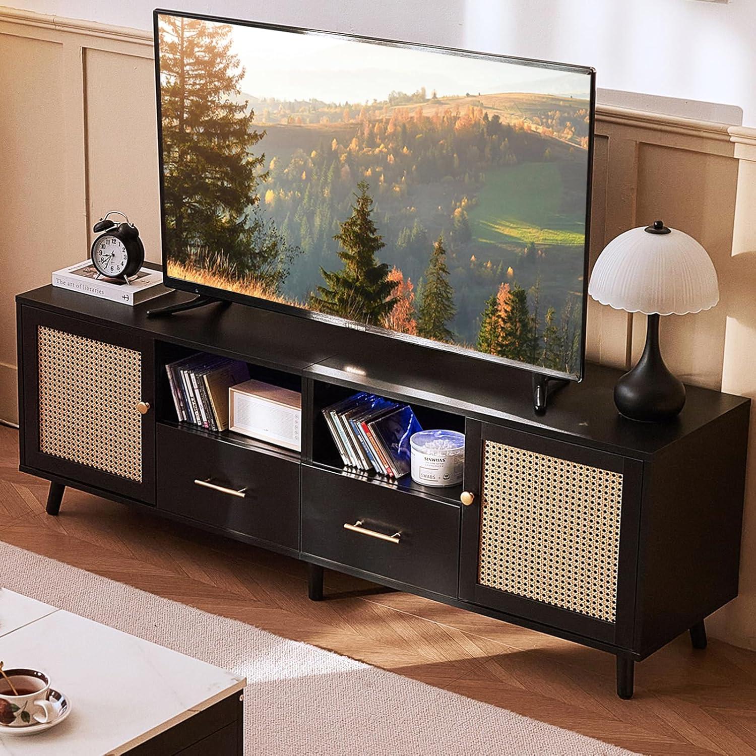 Bay Isle Home™ Heyer Large Wood Rattan TV Stand for TVs up to 75" with LED Light and Charging Station, Coastal Media Console Table, Multimedia Storage Furniture with 2 Drawers, Lighting TV Cabinet