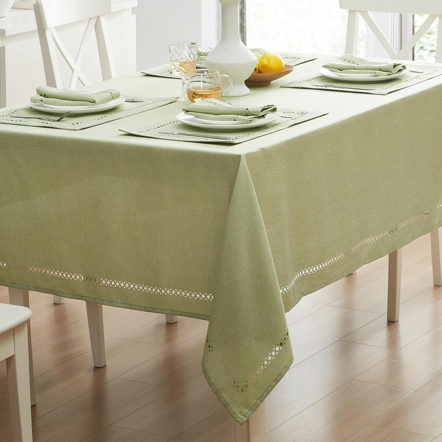 Newbridge Fabric Rectangle Tablecloth, 60 x 144 Inch, Provence Lattice Cutwork Solid Color Textured, Water and Stain Resistant Easy Care Fabric Table Cloth for Spring Parties, Sage Green