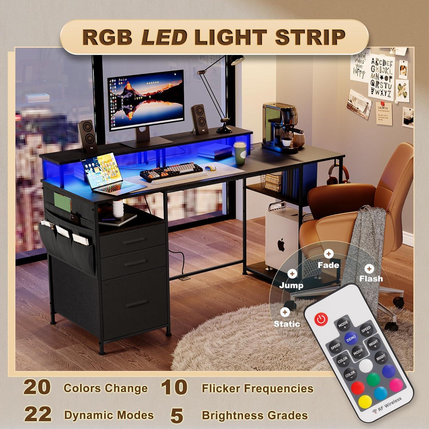 Computer Desk with 3 File Cabinet Drawers, 57.8'' Reversible Gaming Desk with LED Lights and Power Outlets, Office Desk with Storage Shelves and Dual Monitor Stand for Home & Office (Black)