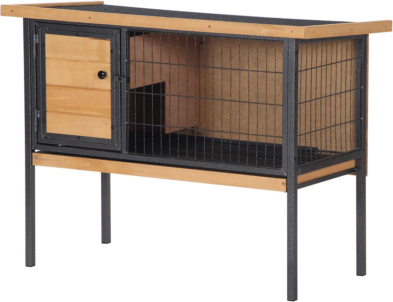 PawHut Rabbit Hutch Elevated Bunny Cage Small Animal Habitat with Metal Frame, Wire Pan, and Asphalt Roof for Indoor/Outdoor Natural Wood