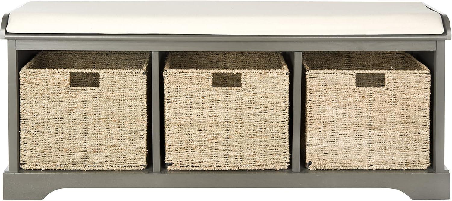 Transitional Beige-Gray Wicker Storage Bench with Cushioned Top