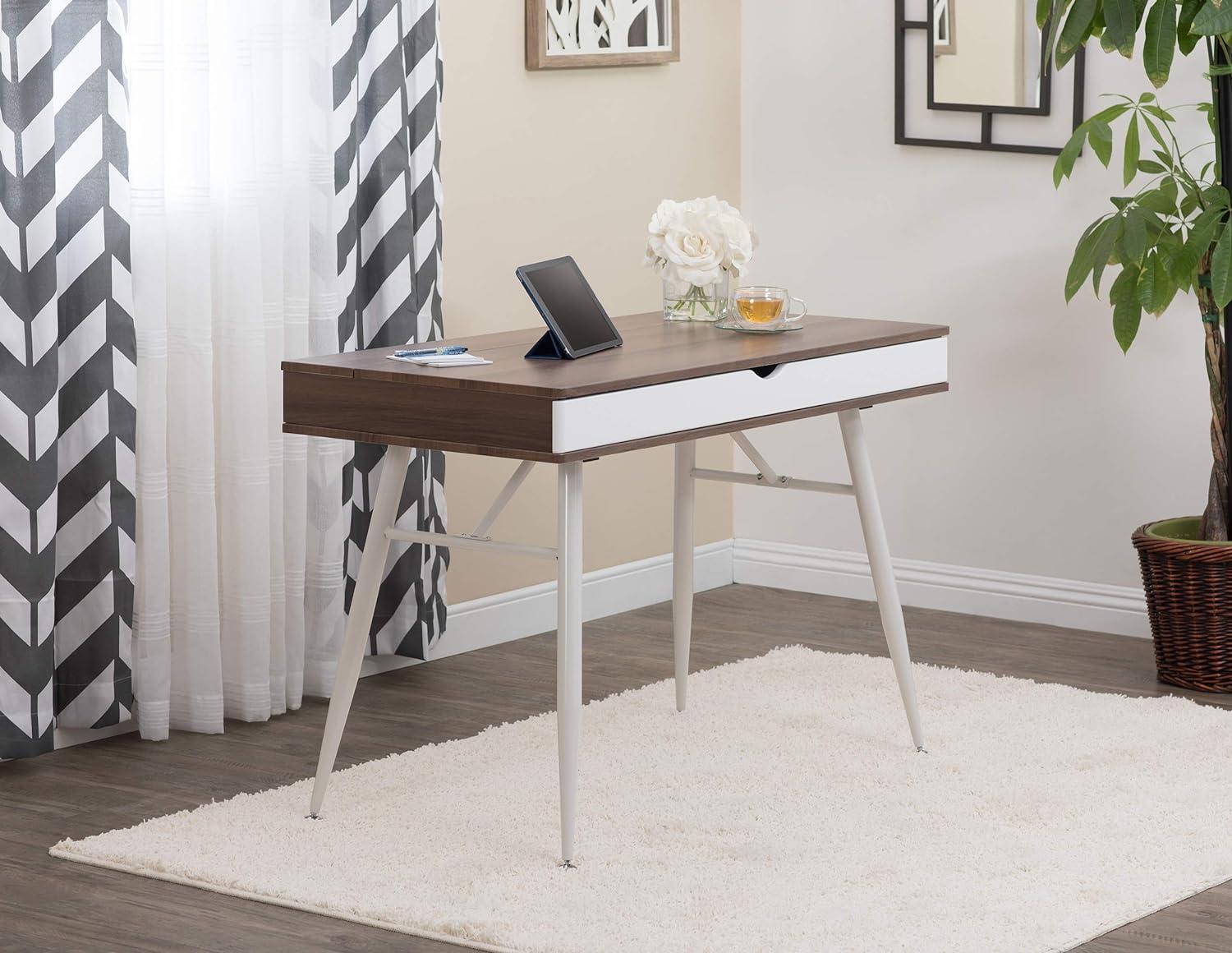 Mid-Century Modern White/Chestnut Writing Desk with Split Drawer