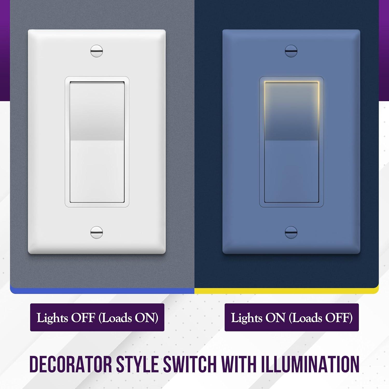 ENERLITES Illuminated 3-Way Decorator Paddle Light Switch, Three Way, Push-In and Side Wiring, Copper Wire Only, Grounding Screw, Residential Grade, 15A 120-277V, UL-Listed, 93160-W, White