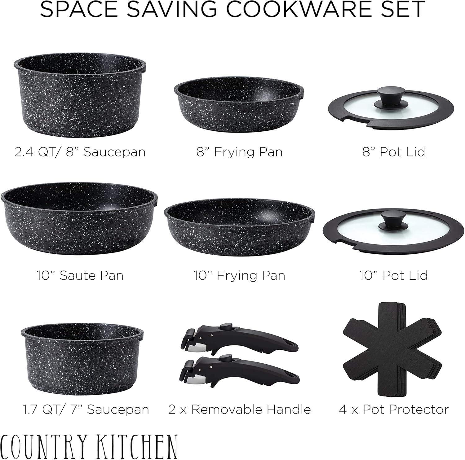 Country Kitchen 13-Pc Pots and Pans Set with Removable Handles Nonstick Cookware Set, Black
