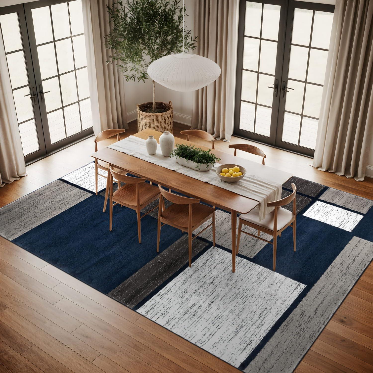 World Rug Gallery Contemporary Modern Boxed Color Block Area Rug Navy 9' x 12' Geometric, Color Block 9' x 12', 7' x 9' Living Room, Bedroom, Dining