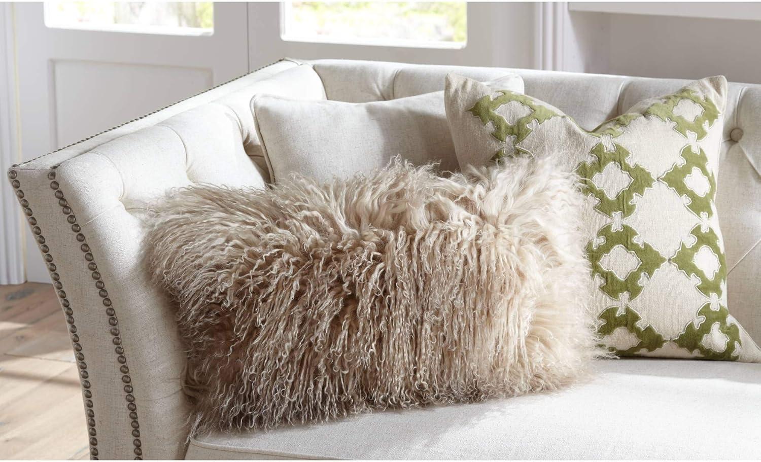 Oyster Beige Wool Mongolian Lamb Fur Throw Pillow 12" x 20"