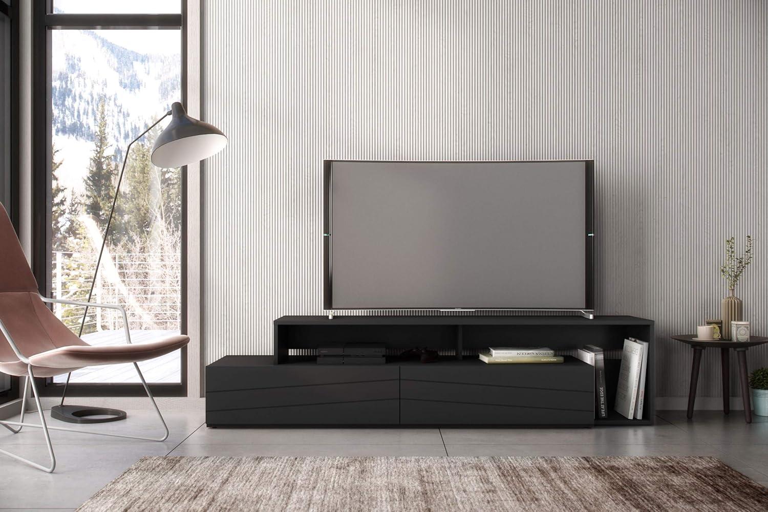 Tonik TV Stand for TVs up to 80" Black - Nexera: Modern Console with Drawers, Melamine Finish, Wood Composite